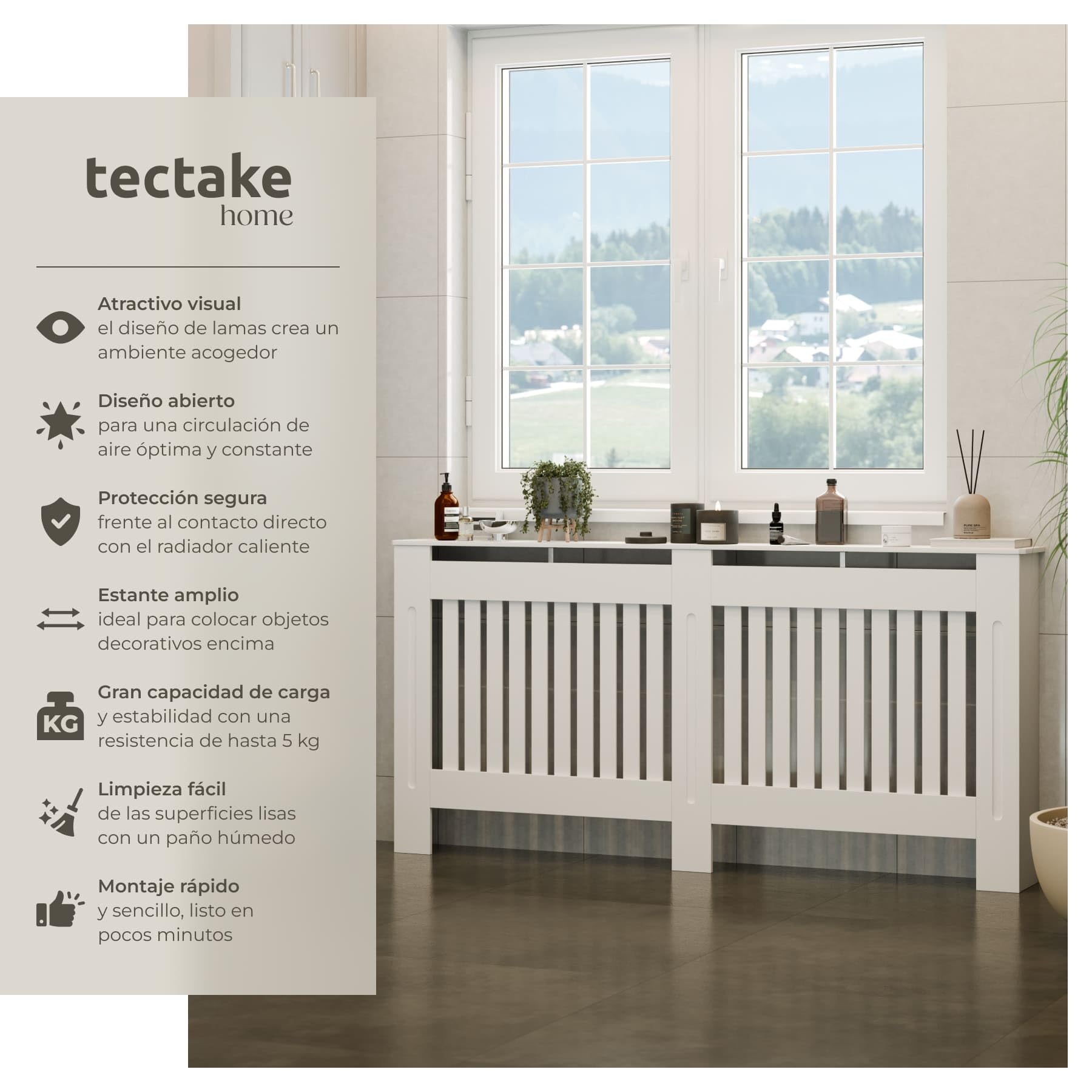 tectake® Cubre Radiador con Diseño de Lamas, Cubierta para Calefacción, Revestimiento para Radiadores, con Repisa Decorativa, Protección contra Calor, Fácil Limpieza, Escandinavo - 172,3 x 19 x 82 cm