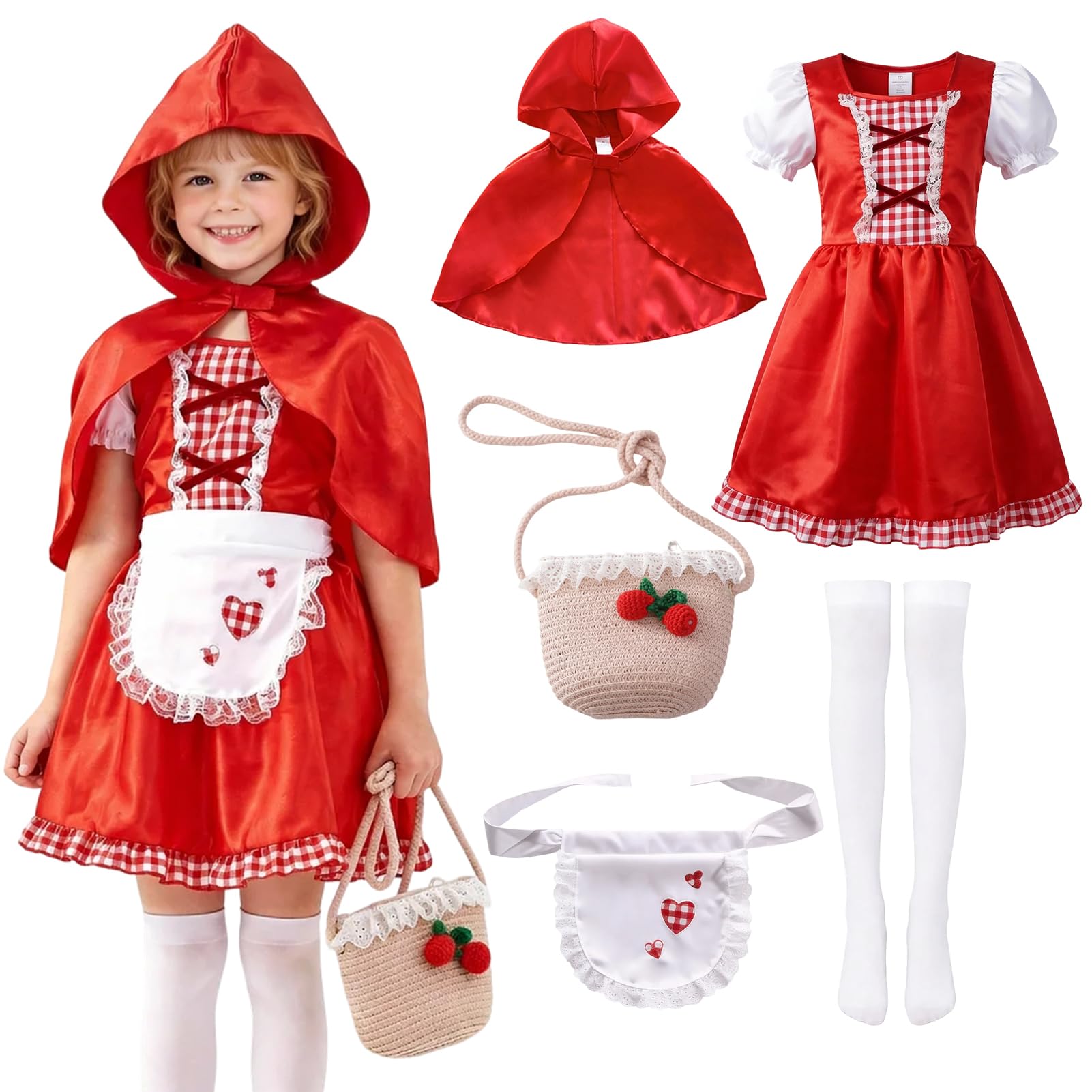 Meriviva Girls World Book Day Costumes, Red Hooded Cape with Red Dress Bag Socks, Kids Girls Fancy Dress Costumes for World Book Day (L)