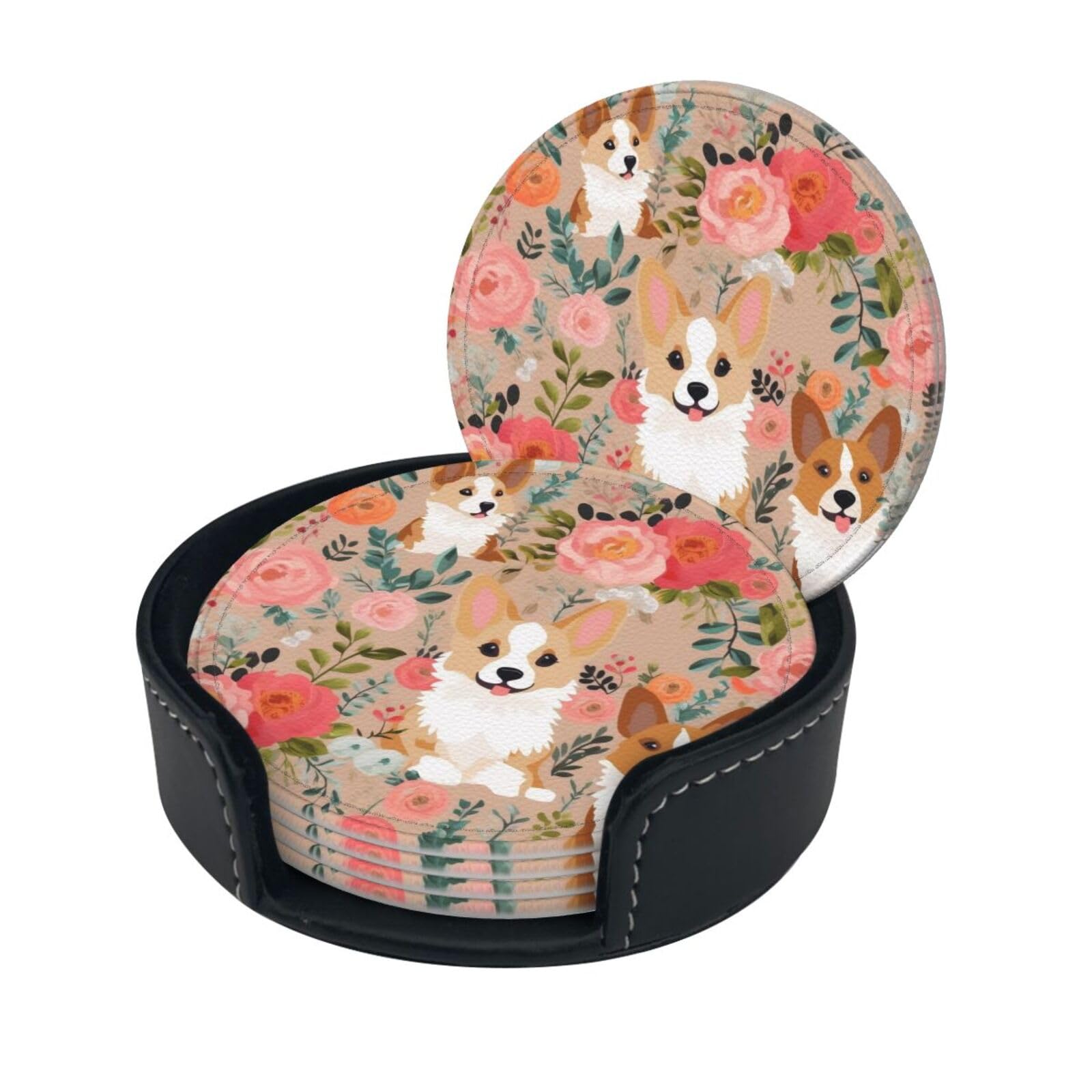 Smazdfxx Women's As Pic Stylish Coasters - Corgi Floral Flowers Set Of 6 Round Leather Drink Coasters With Holder - Perfect Size For Cups And Glasses