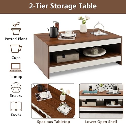Miniatura 4 de COSTWAY Mesa auxiliar moderna de 37 pulgadas, mesa central de sofá industrial de 2 niveles con estante abierto, mesa auxiliar rectangular de madera