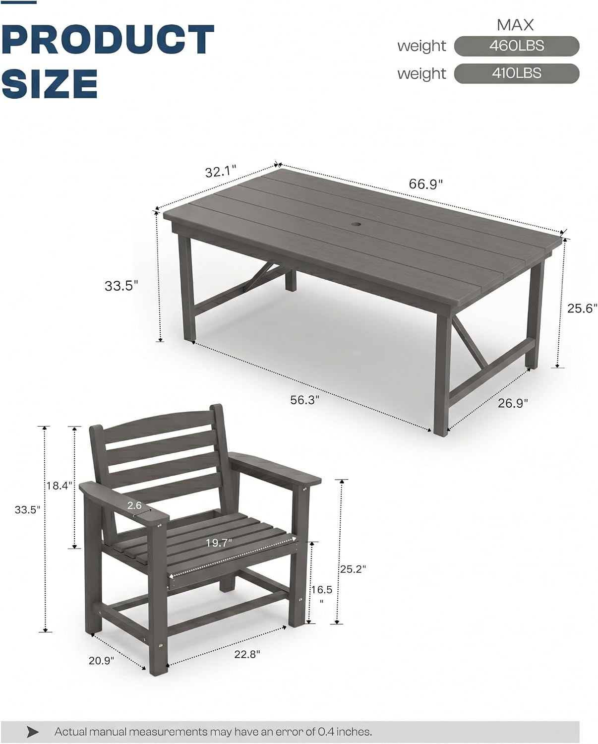 5 Piece Patio Dining Set for 4, Outdoor Dining Set with Table and Chairs, HDPE All Weather Patio Furniture Set with Umbrella Hole, Small Patio Furniture Set for Balcony, Deck, Backyard，Grey
