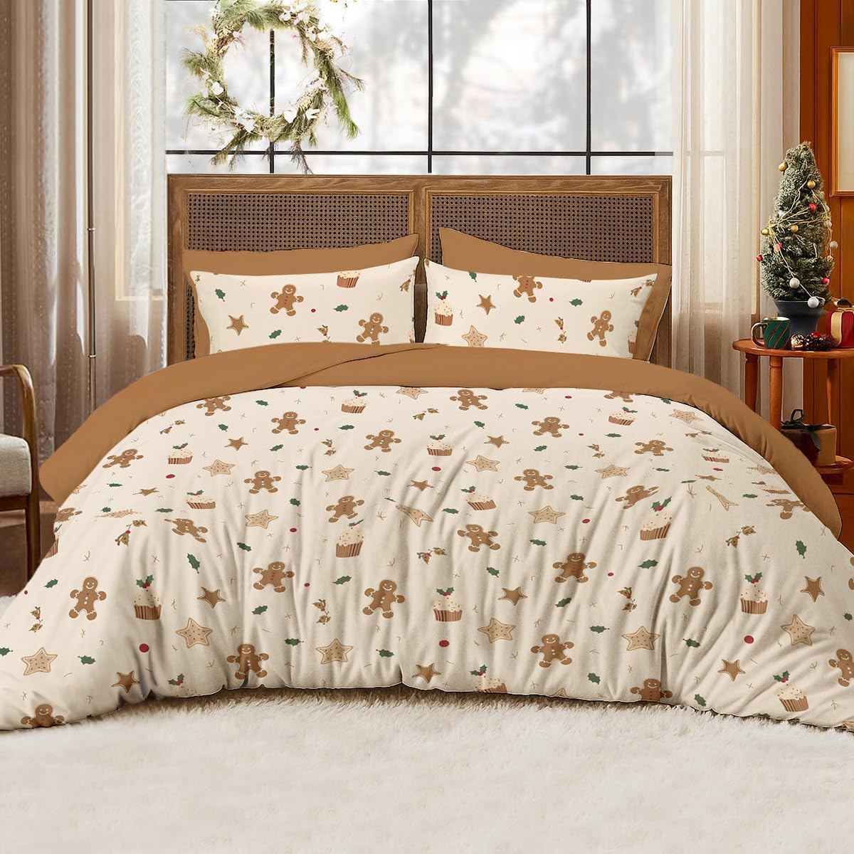 Christmas Duvet Cover Set Queen Size,Beige Cartoon Pattern Christmas Bedding Set for Kids Adults,Soft Brushed Microfiber Comforter Cover Set Includes 1 Duvet Cover and 2 Pillowcases