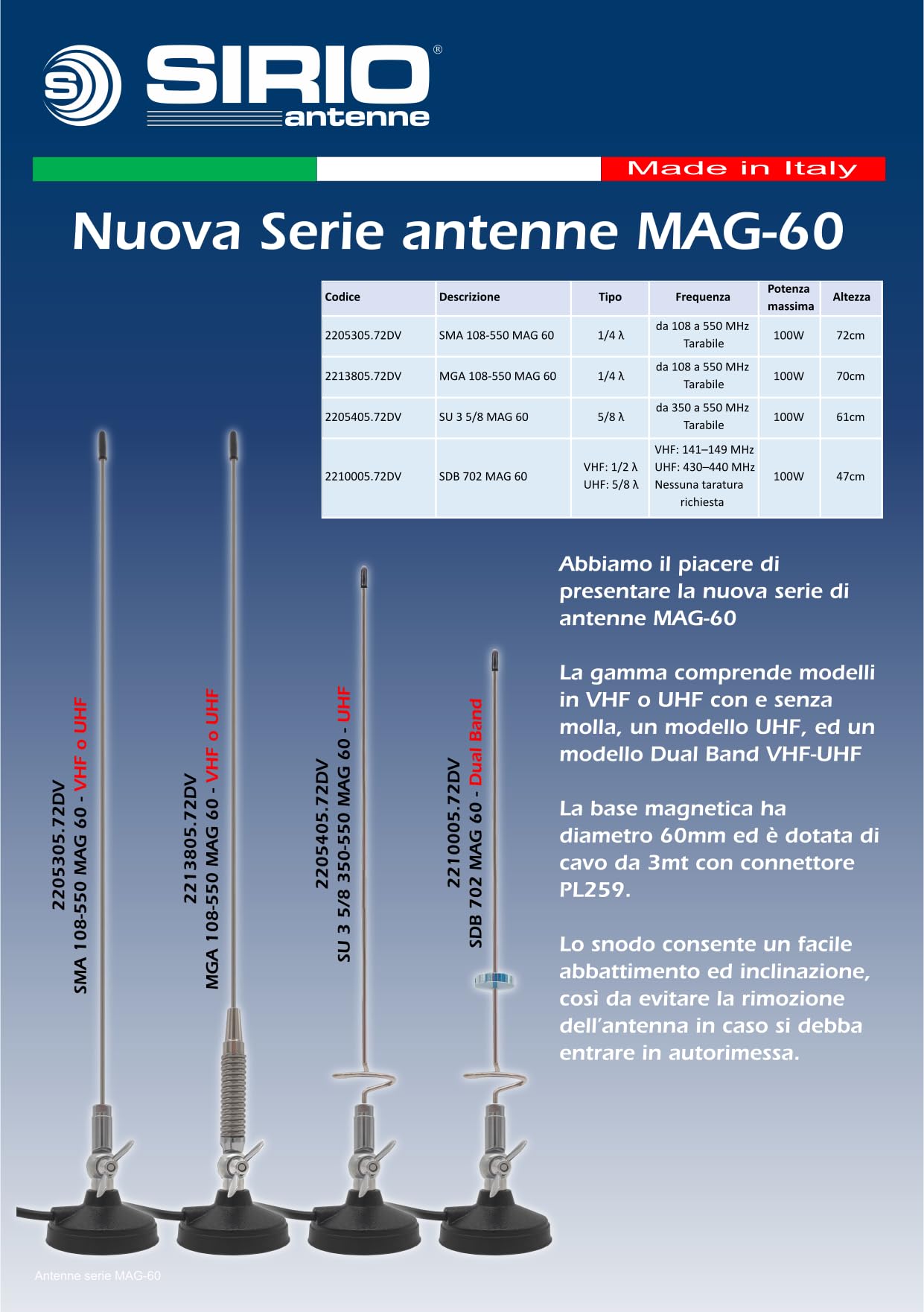 SIRIO ANTENNA CON BASE MAGNETICA IN VERSIONE VHF - UHF e DUAL BAND VHF-UHF ATTACCO PL-259 (2213805.72DV)