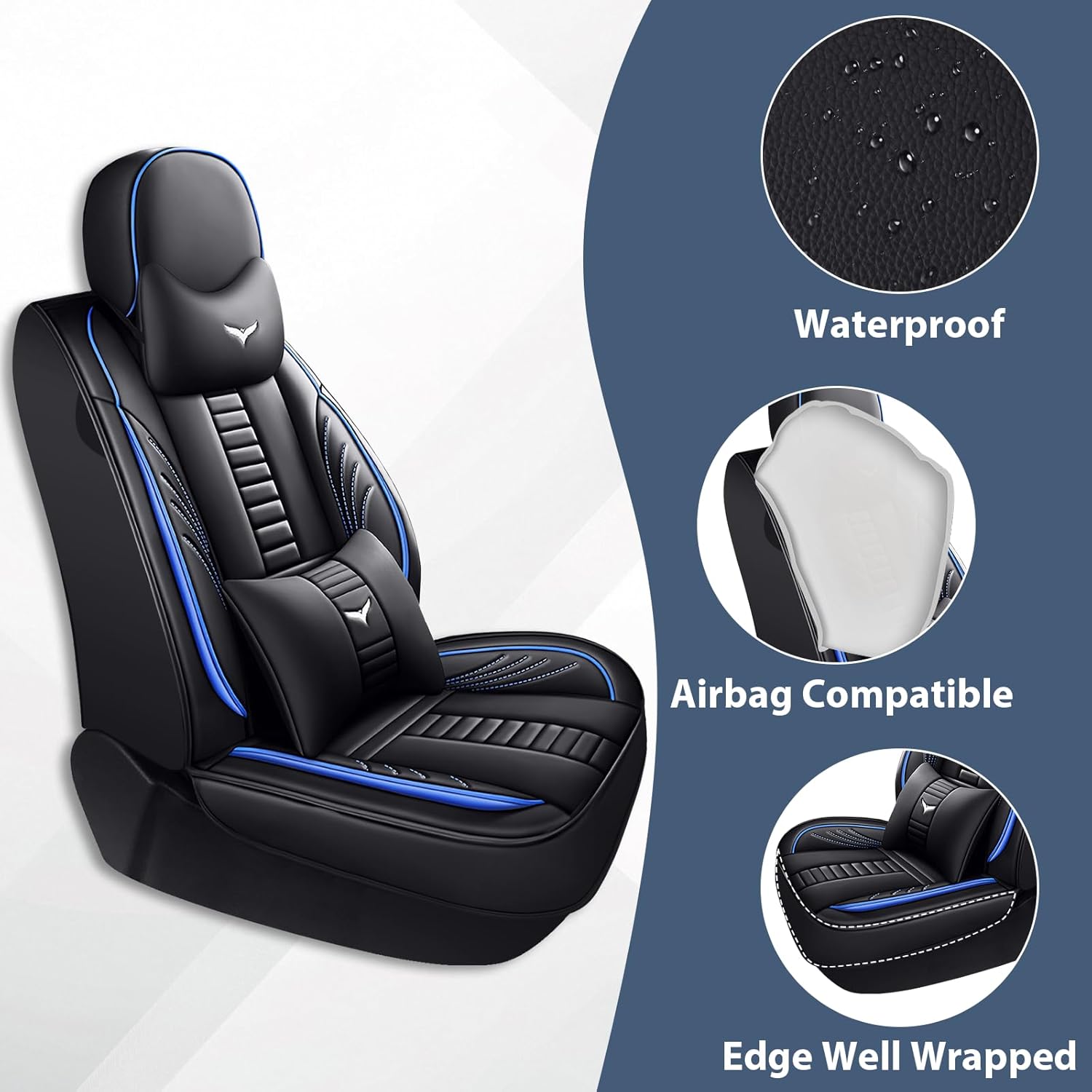 Fit for 98% of Mercedes-Benz Car Seat Cover, Airbag Compatible Full Wrapped Seat Cover, Business Fashion Interior Covers(2 Front Seat Luxury/Black-Blue)