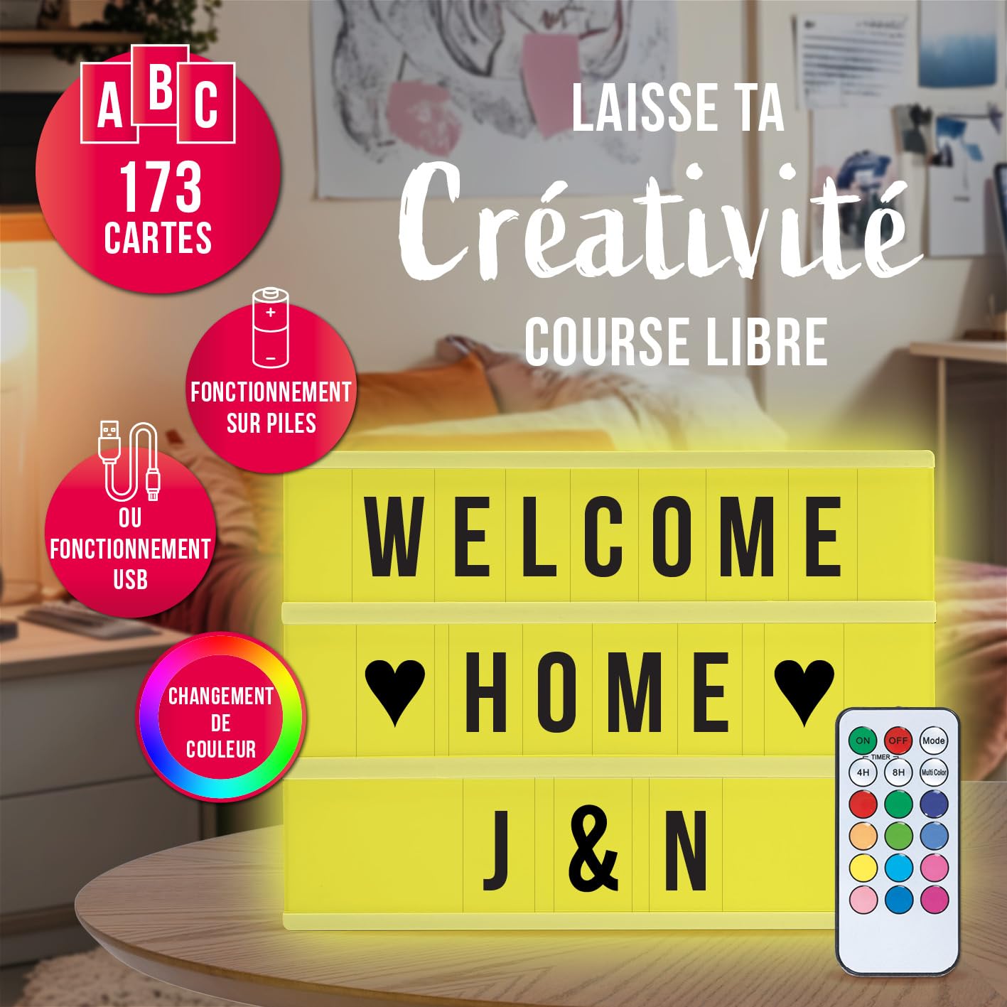 EASYmaxx boîte lumineuse DEL | fonction minuterie | 173 lettres et symboles interchangeables inclus | Modes de changement de couleur différents | Aux piles ou à câble USB [A4]