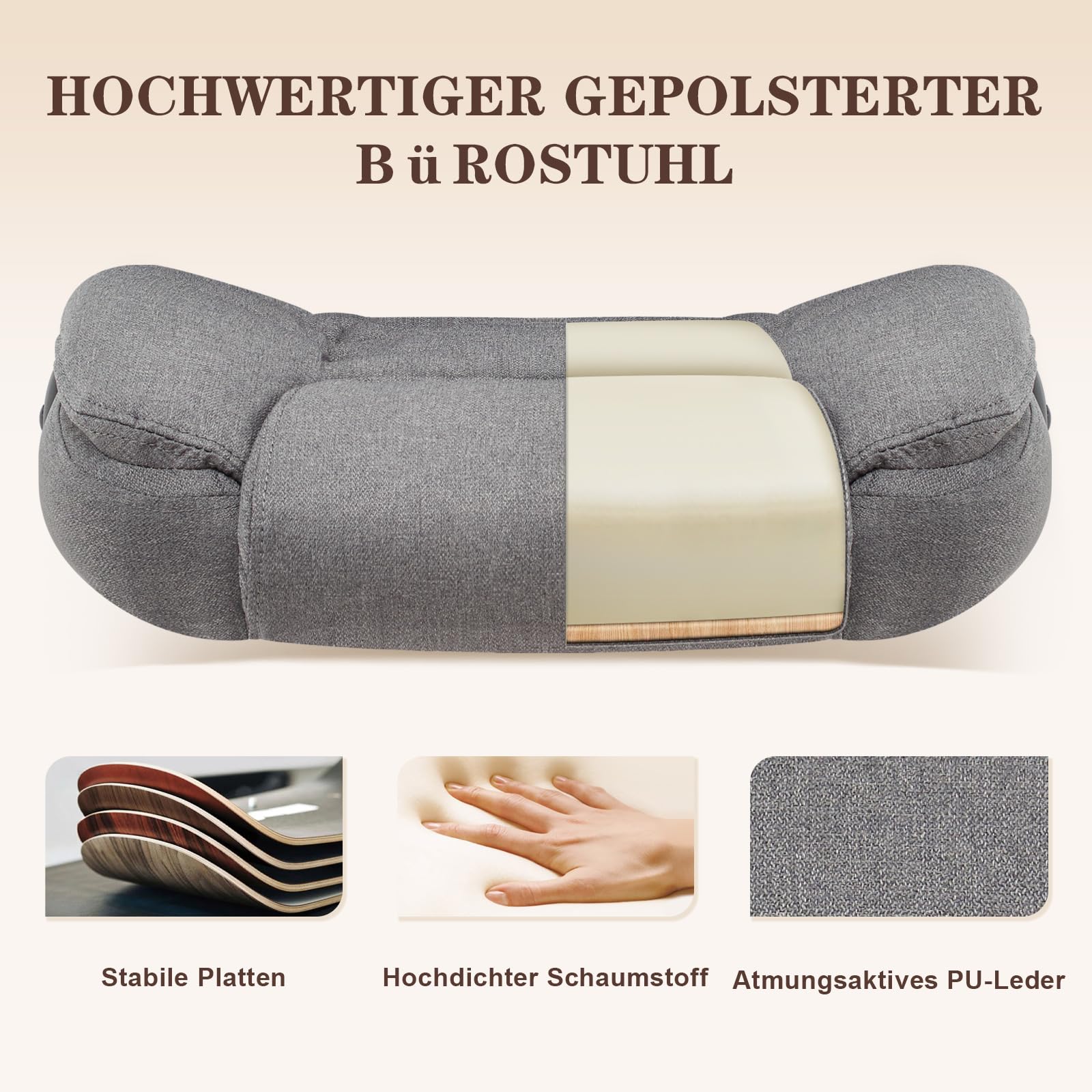 IWMH Ergonomischer Bürostuhl,Schreibtischstuhl mit Hochklappbaren Armlehnen | Chefsessel Stoff Hohe Rückenlehne Höhenverstellbar für Home Office & Büro (Grau)
