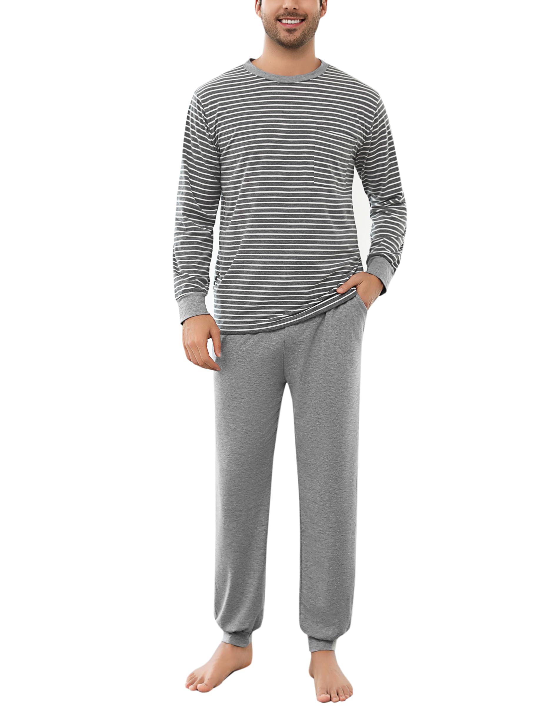Aseniza Pyjama voor heren, comfortabel, lange mouwen, katoenen pyjama, loungewear, nachtkleding, geschenken, top en broek met zakken (stijl D-donkergrijs, XL