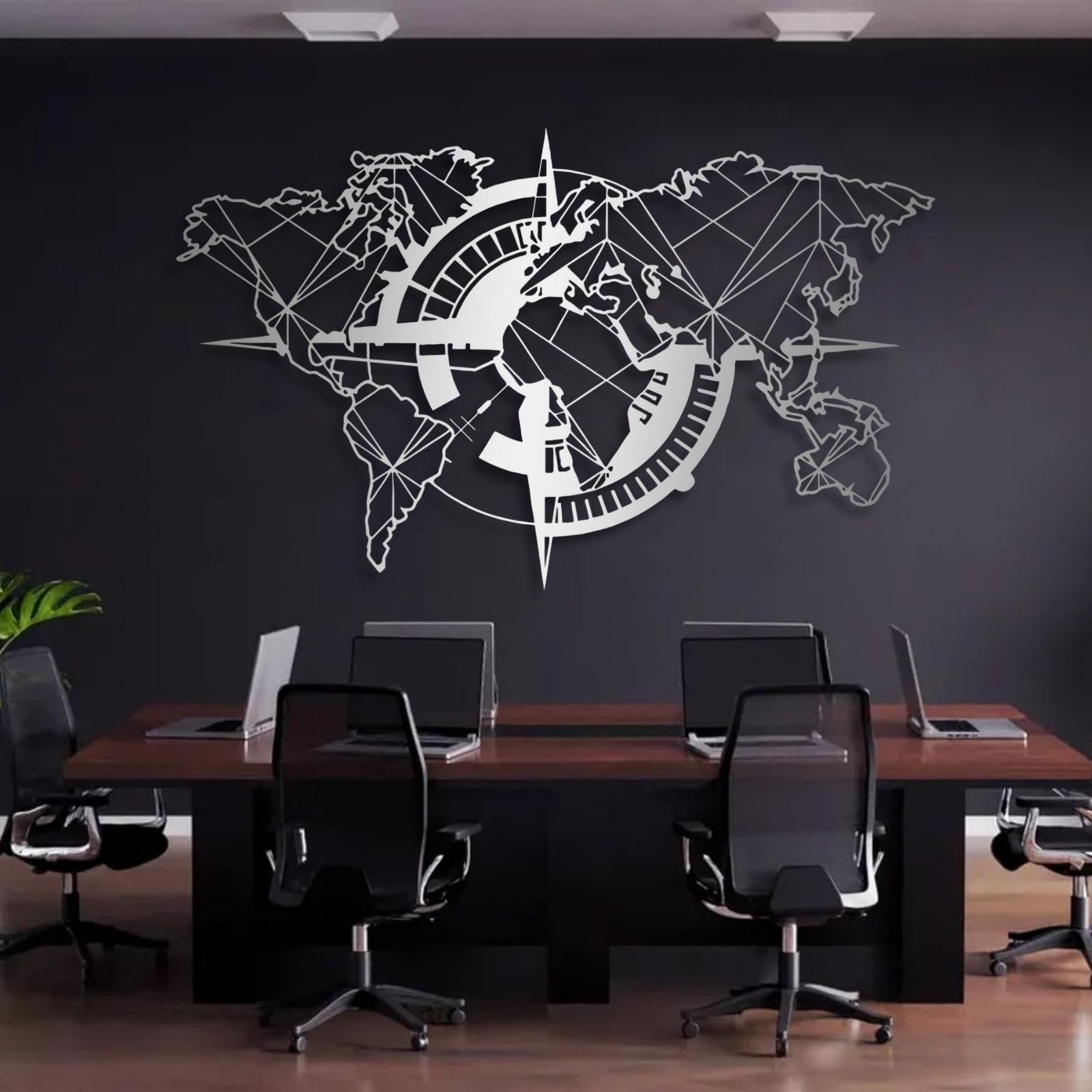 Mappa del mondo e bussola - Decorazione da parete in metallo, stile nautico