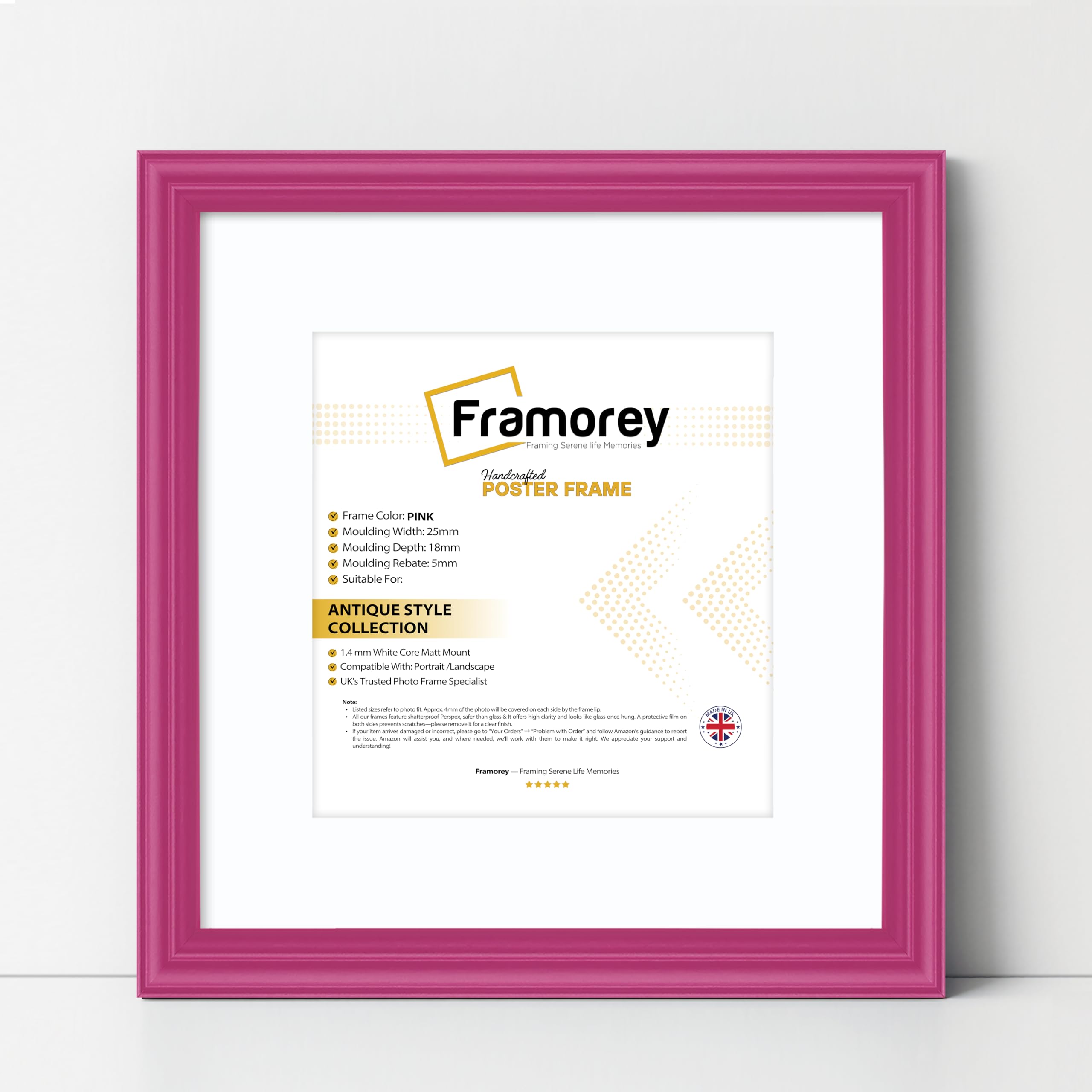 FRAMOREY Square Photo Frames, 6x6" Size Pink Picture Frame With 4x4" Size White Mount, LW Antique Style Home Wall Decor Frames, Wall Hanging Art Poster Frames, MDF Wood Frames