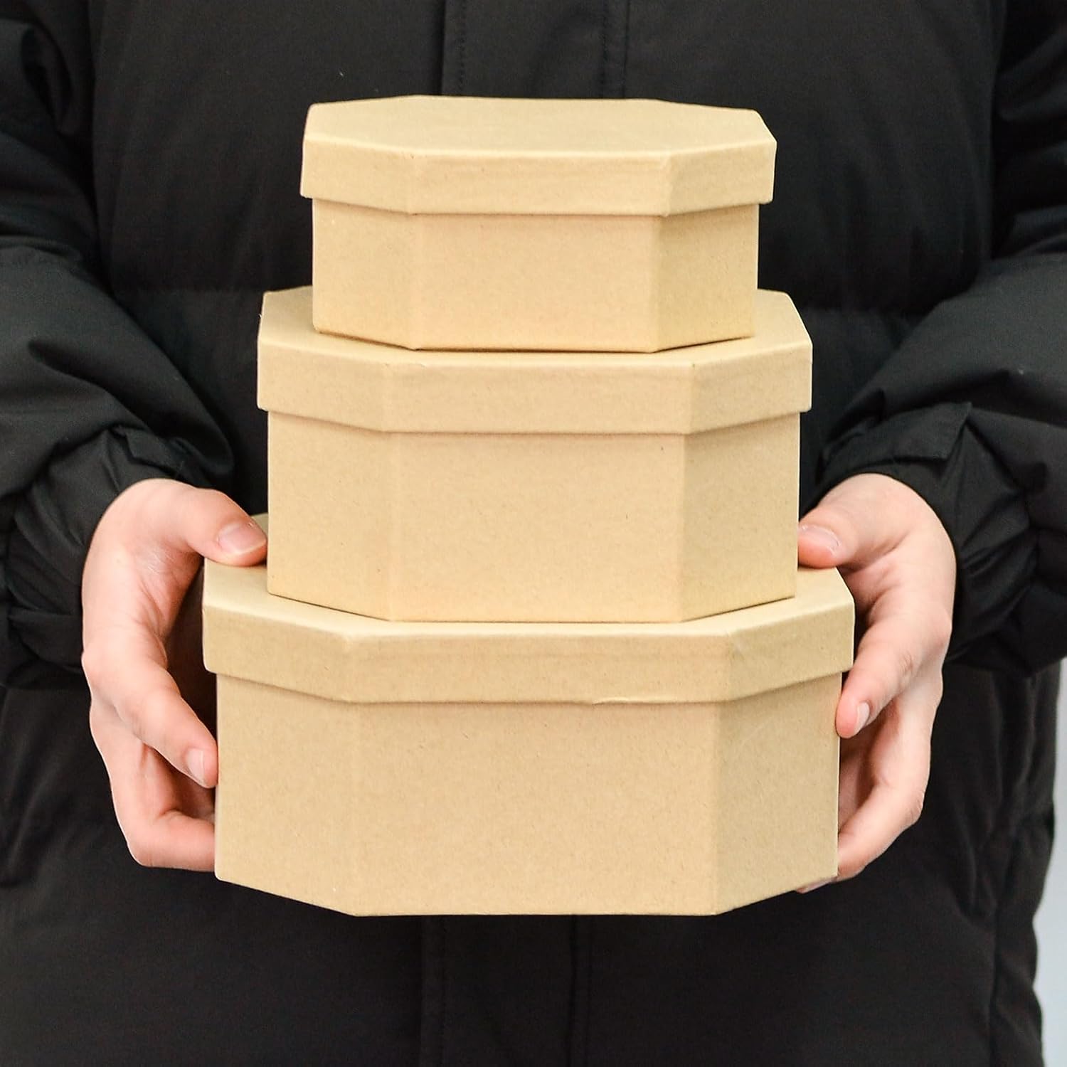 WANDIC Paper Mache Box, Set of 3 Octagon Paper Mache Hat Boxes Kraft Paper Containers with Lids Ideal for Painting Crafting & Storage Accessories Cosmetics Jewelry Gifts