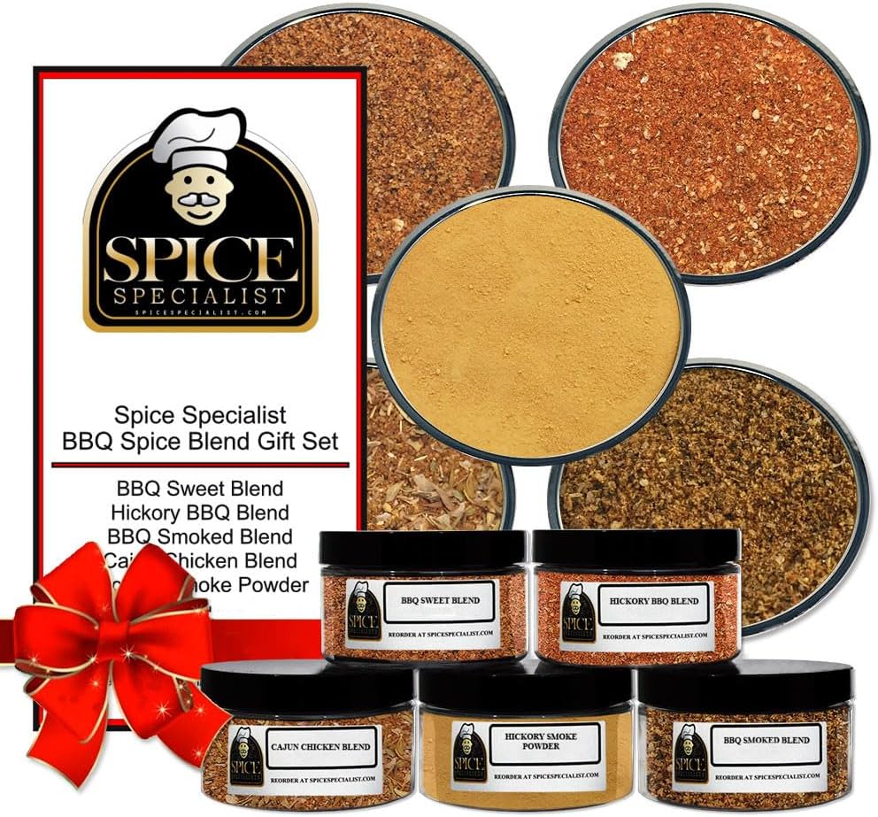 BBQ Spice Blend Gift Set - Contains: 5 different spice jars (1 each of: Hickory Smoke Powder, Cajun Chicken Blend, BBQ Sweet Blend, BBQ Smoked Blend and Hickory BBQ Blend.)