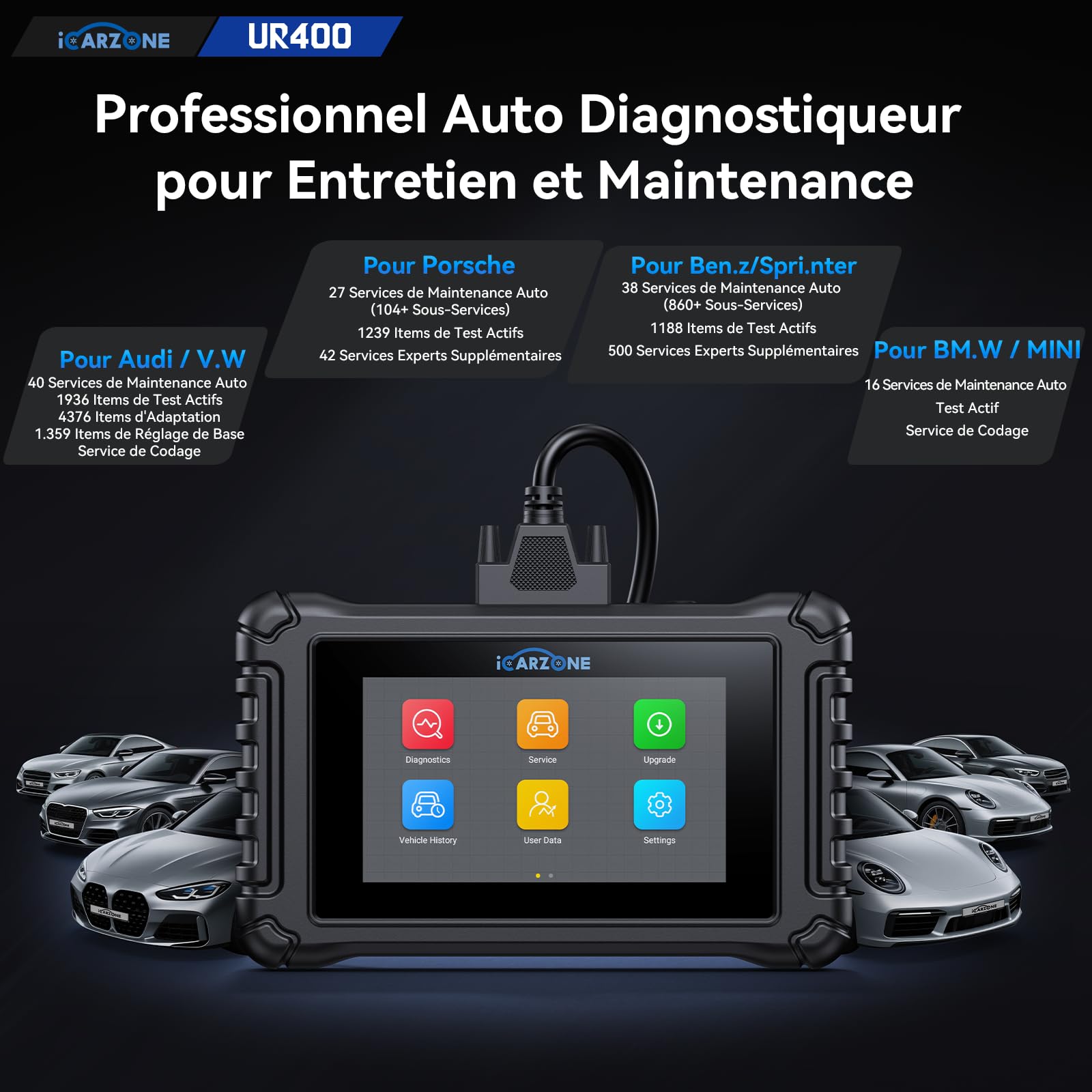 UR400 Valise Diagnostic Auto Multimarque pour Porsche/Benz/BMW/Audi/VW, OBD2 Diagnostic Français pour Tous Les Systèmes, 49 Fonctions pour Maintenance, AutoVIN,Test Actif Bidirectionnel