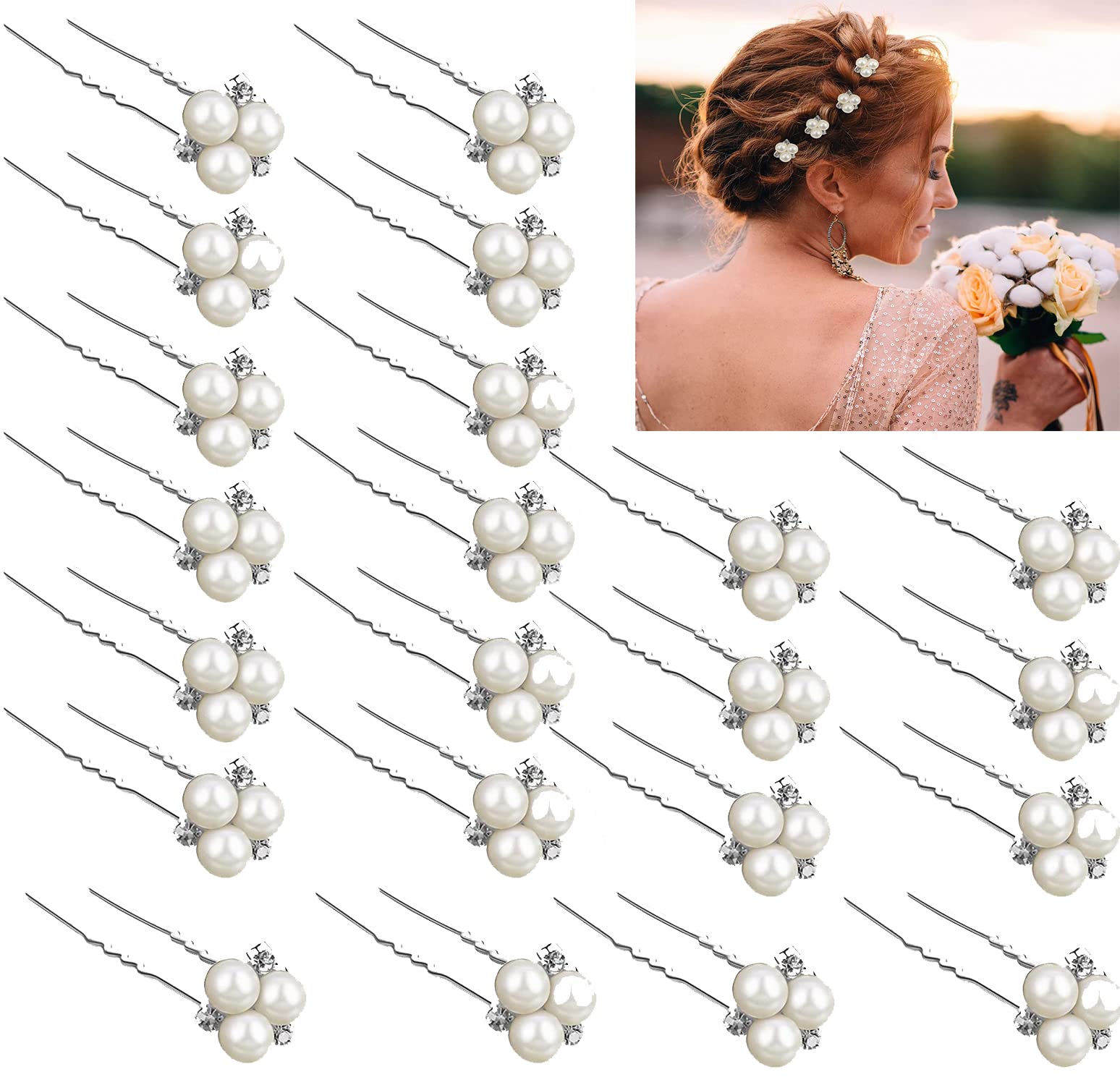 Brides Wedding Pearl Hair Pins Clips, Hair Accessories, U Shape Rhinestones Flower 18 Pieces KASTWAVE Hair Décor Accessory for Bridesmaid Women Girls (Silver) (18 Pcs Pearl Hair Pins)