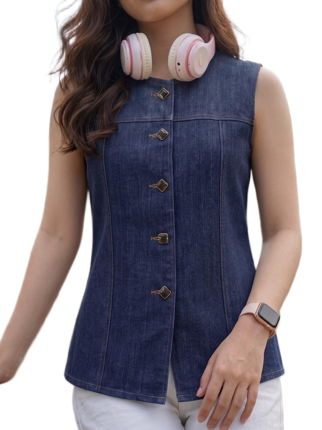 Women's Blue Denim Sleeveless Shirt Vest Button Closure – Stylish Top for Daily Wear-image-23