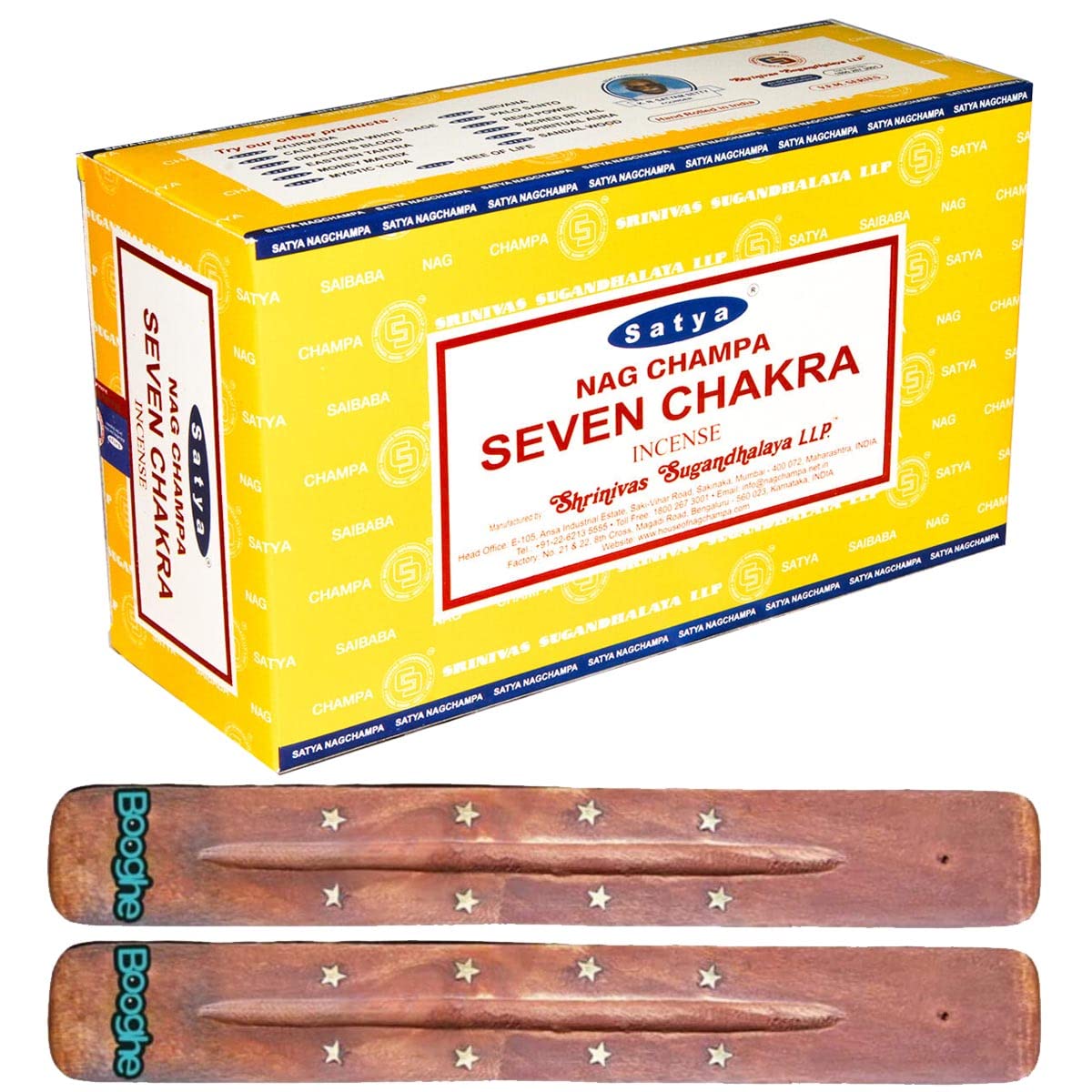 Satya Nag Champa - Bastoncini di incenso, confezione da 12, con 2 porta bastoncini di incenso Booghe (sette chakra)