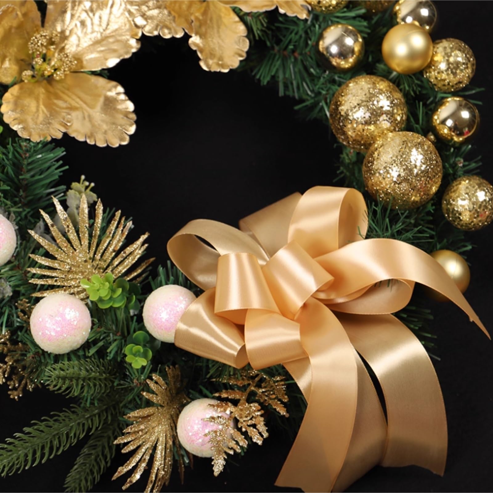 Couronne De Noel Porte Décorations De Porte, Couronne Noël avec Boules, Nœud Et Fleurs for Fenêtre Extérieure Couronne De Noel A Decorer(Gold)