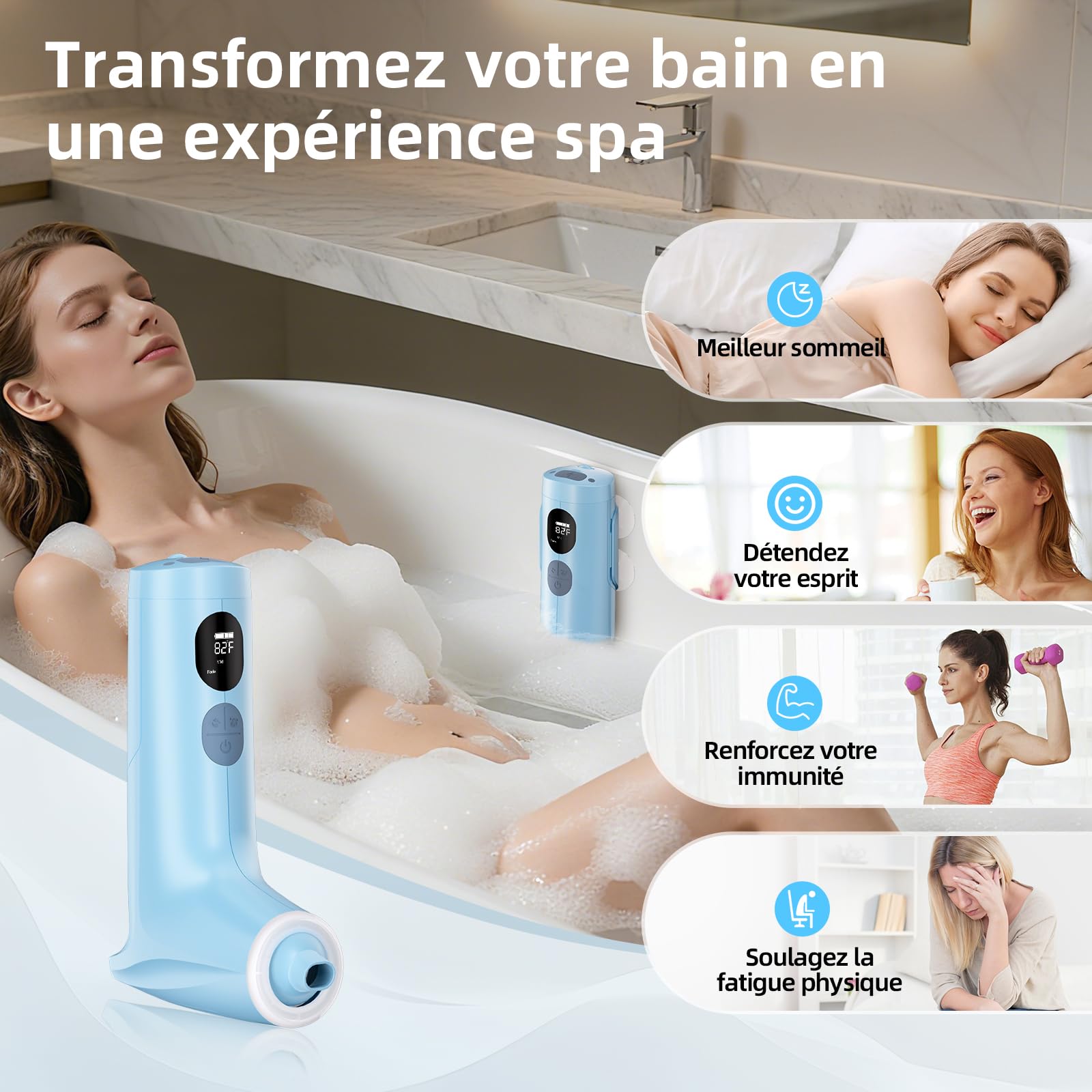 Spa de bain jet avec mode mousse, jet d'eau à 3 niveaux, 7 couleurs RVB, IP67, affichage de la température, plaisir du bain en famille à la maison