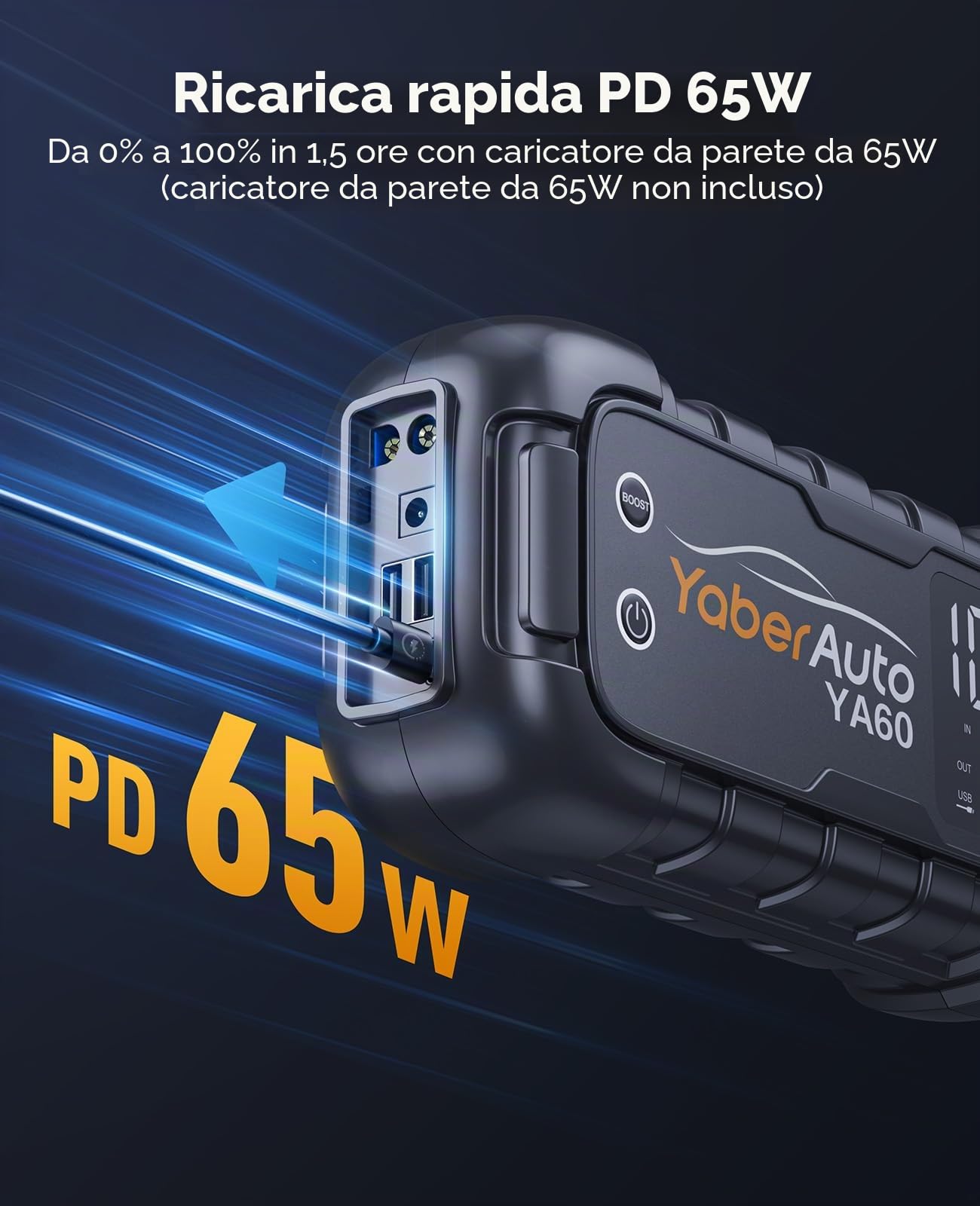 YaberAuto YA60 Power bank di avviamento per auto, con picchi di corrente da 6000 A, carica rapida da 45 W, schermo LCD da 3,3", torcia LED da 600 lumen