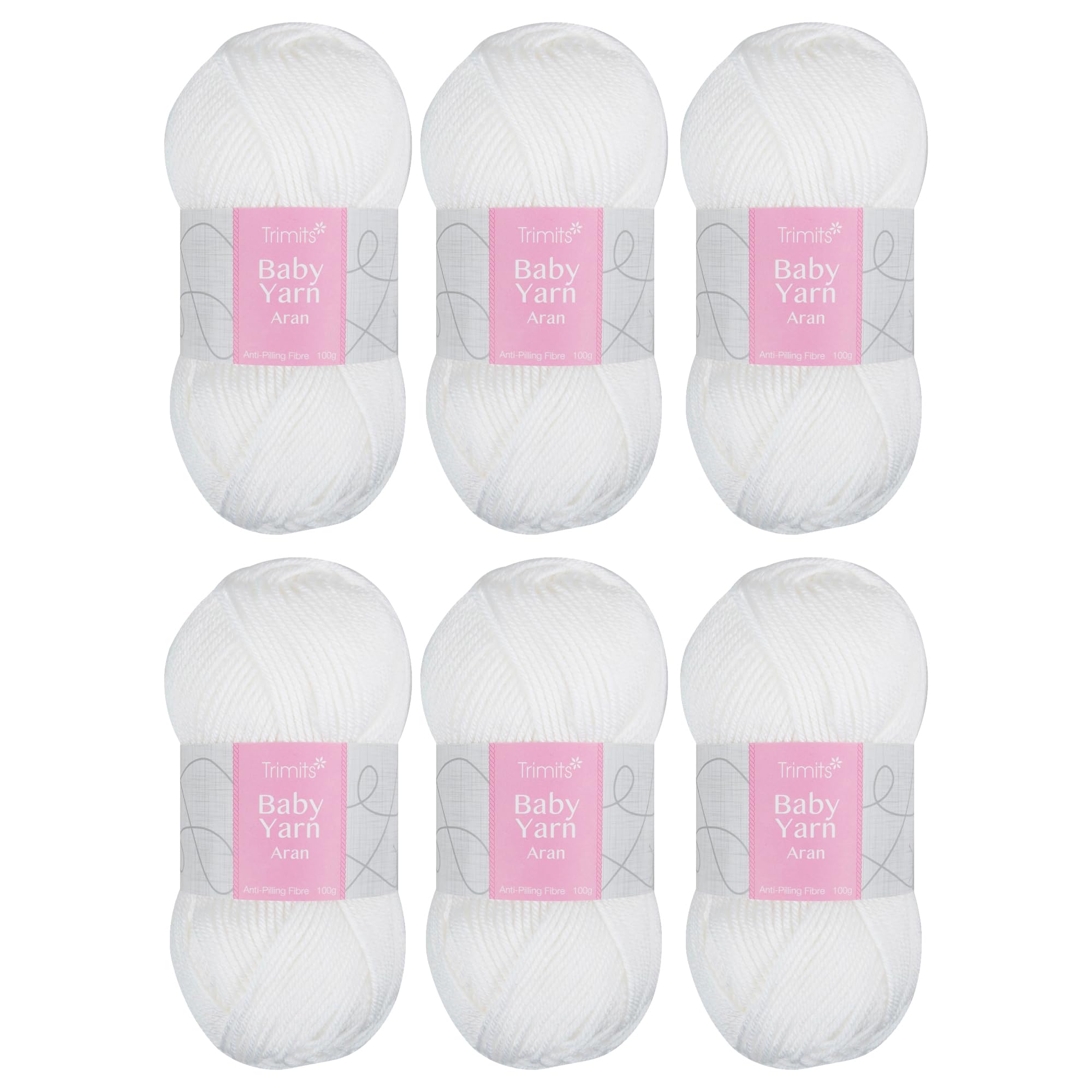 Trimits Baby Aran Yarn White Acrylic Knitting & Crochet Wool 6 X 100G Soft Anti Pilling Machine Washable Oeko-Tex from B&Q