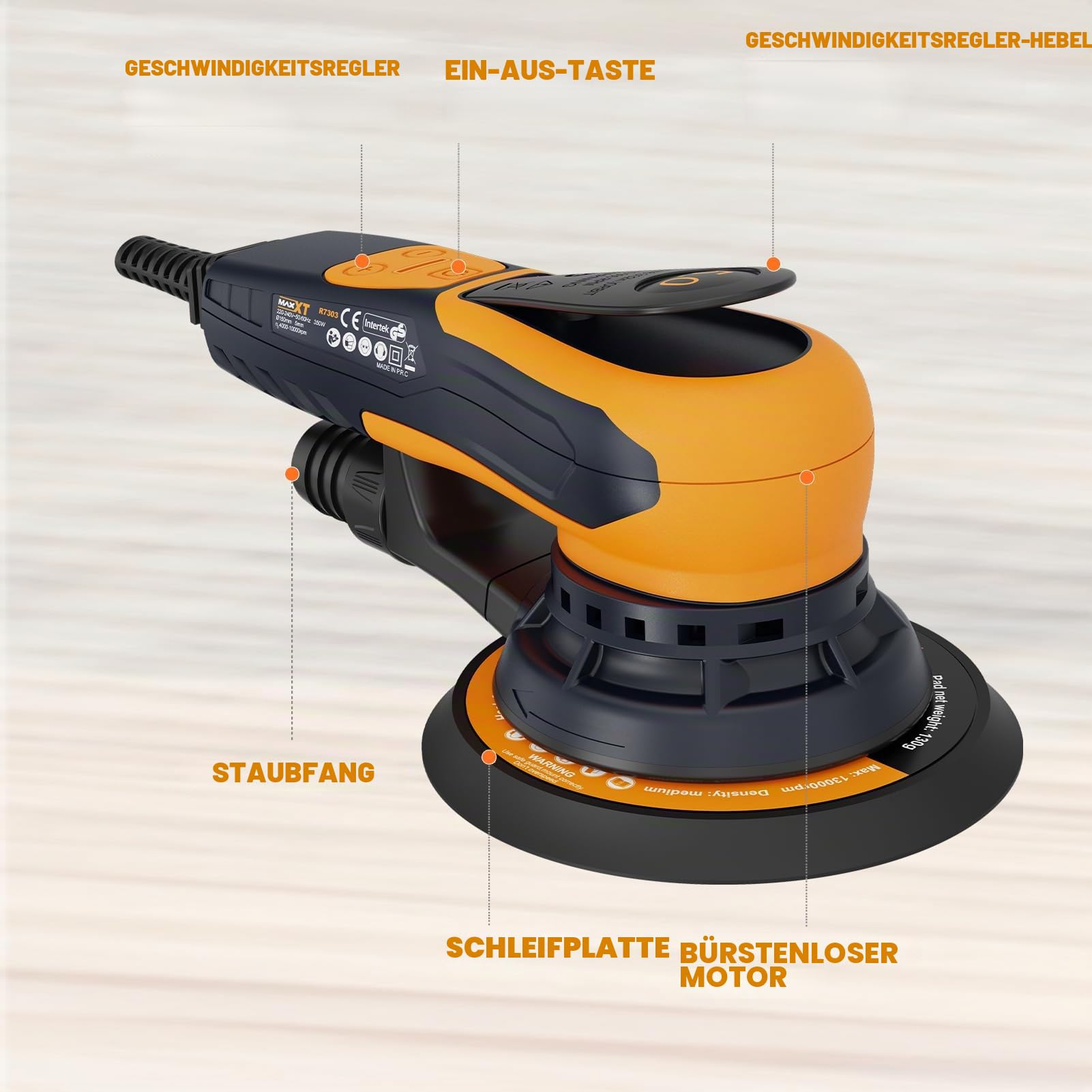 Bürstenlose MAXXT Elektroschleifer 350 W, Scheibe 150 & 125 mm, Exenterschleifmaschine 5.0 mit Dreikernanschluss, 4000-10000 U/min (6 einstellbare), Automatische Bremse-2s, 20 Schleifpapiere
