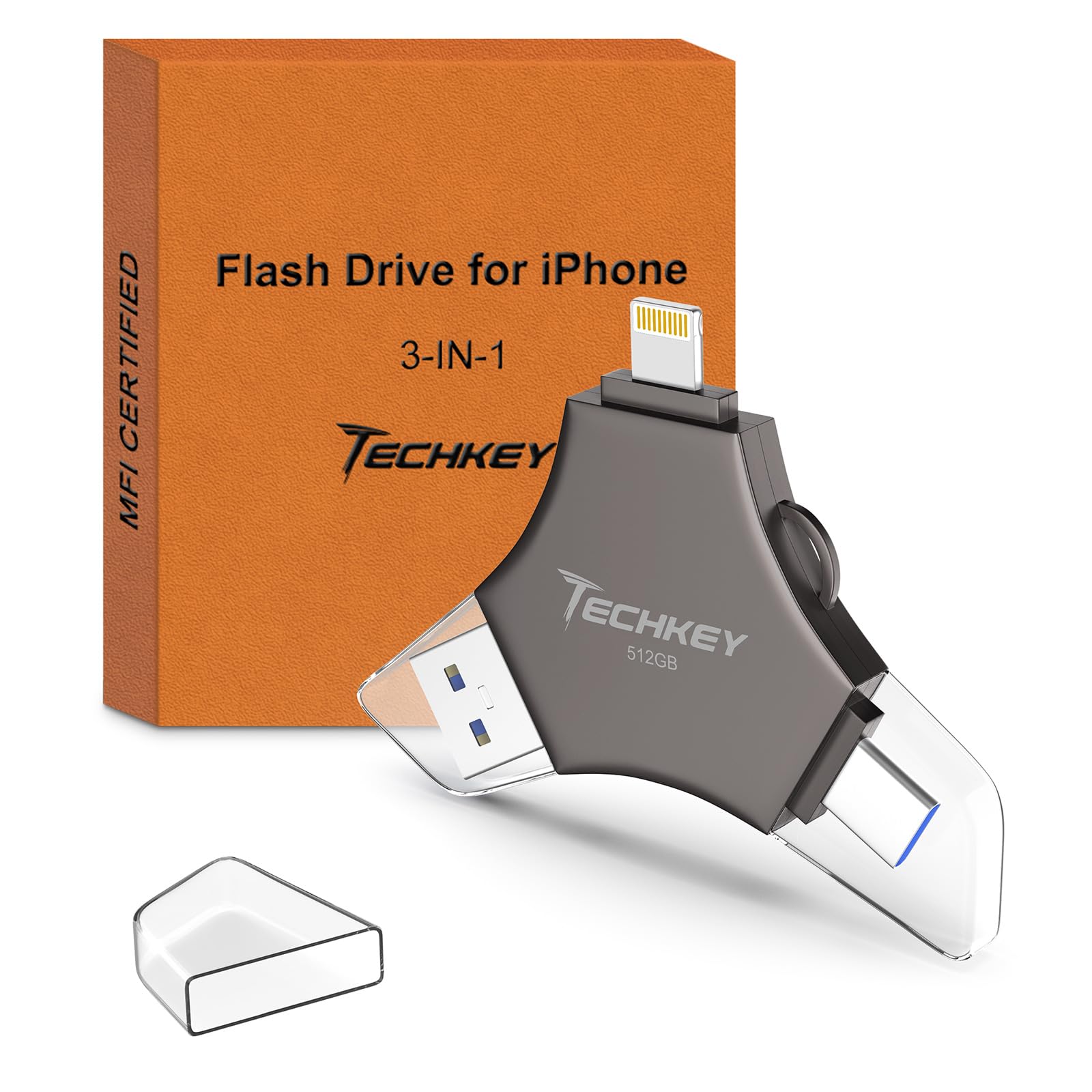 MFi Certified USB 3.0 Flash Drive 512GB for iPhone, 3in1 External Memory Photo Keeper Storage Stick for Picture/Video/Data Saver/Backup, High Speed Thumb/Jump/Hard Drives for iPad/Android/PC (Black)