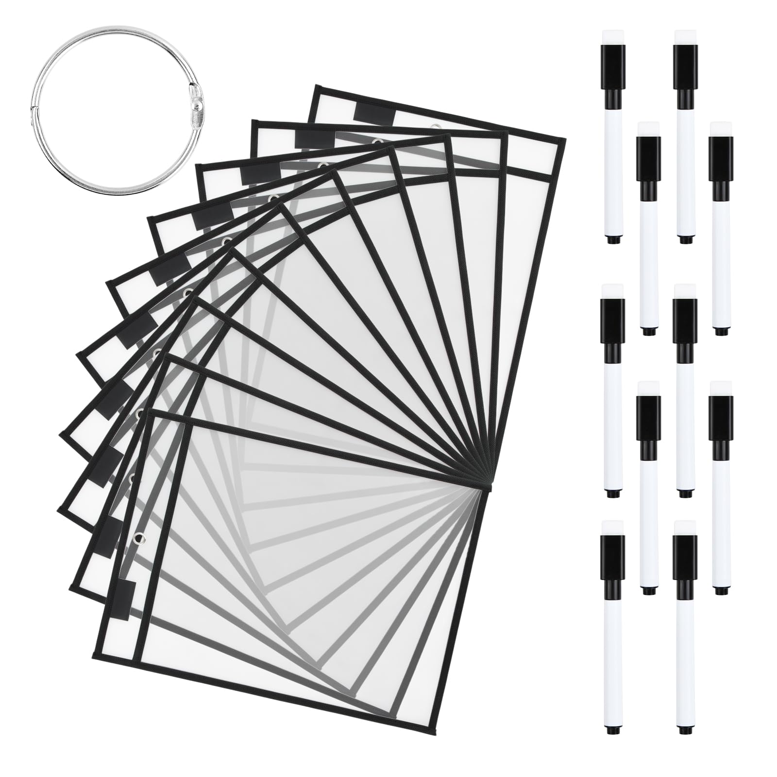 10 Pcs Dry Erase Pocket Folders, Transparent Sheets Erasable Pockets, Reusable PVC Paper Holders Sheet Protector, A4 Dry Erase Sleeves with 10 Pens, Ring for Classroom Organization Office Supplies (B)