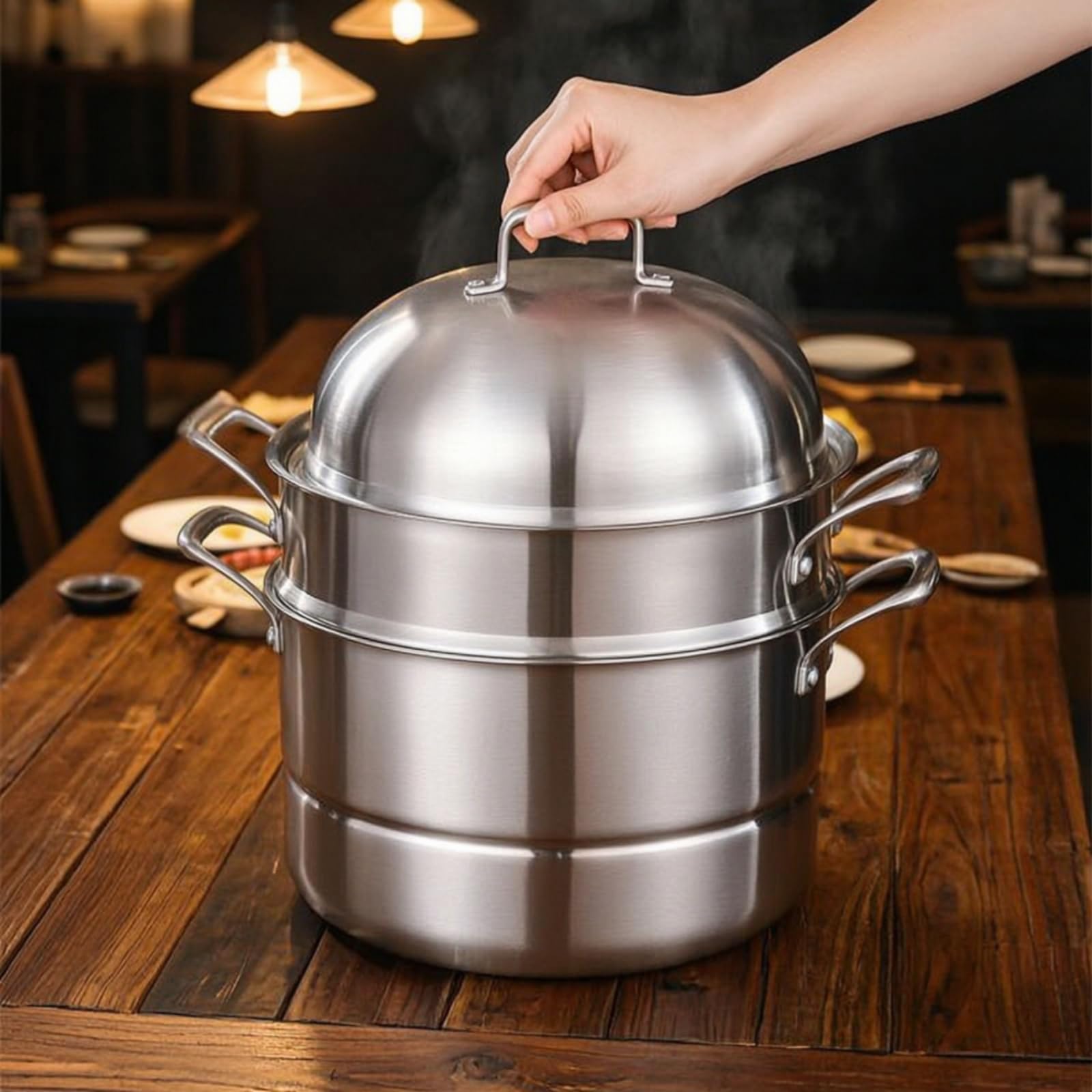 Vaporiere Acciaio Inox Pentola Cottura Coperchio 304 a Tre Strati Spessore 2.5 Mm per Riscaldamento Uniforme Manici Ad Anello per Presa Stabile E