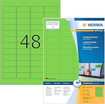 HERMA Self Adhesive Coloured Labels, 48 Labels Per A4 Sheet, 4800 Labels for Printers, Green, 45.7 x 21.2 mm (4549)