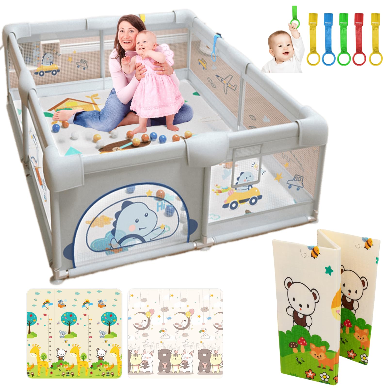 PARVULI Parque Infantil Bebe 120x120 cm - Corralito Bebe con 6 agarraderas y Alfombra de Juegos Acolchada - Parque Bebes para Casa Plegable con Malla Transpirable y Vayas con Protecciones