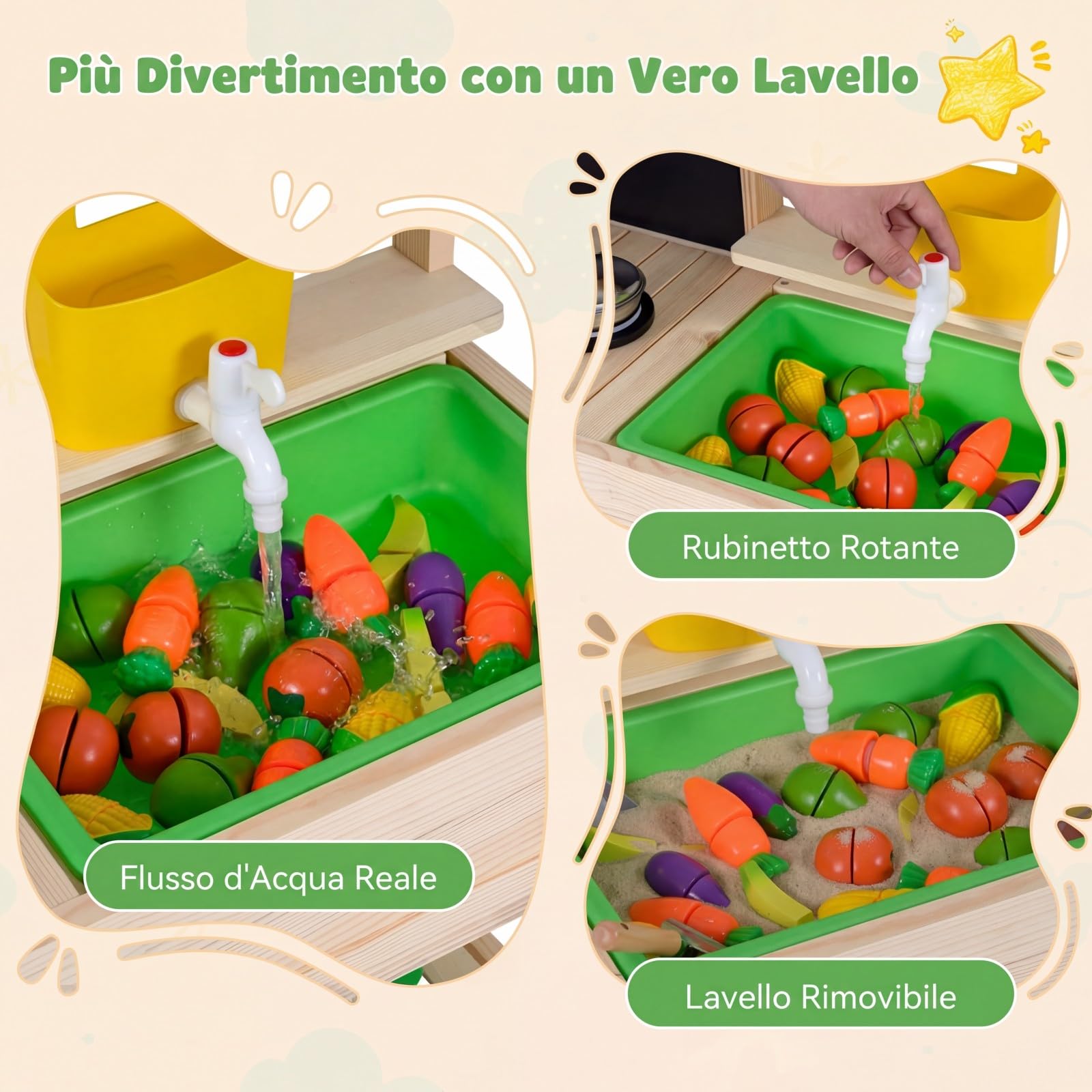 RELAX4LIFE Cucina Giocattolo per Bambini, Set di Cucina in Legno Massiccio con Lavagna, Serbatoio d’Acqua, Lavello Rimovibile, Giocattolo Educativo da Giardino e Balcone per Bambini 3+ Anni