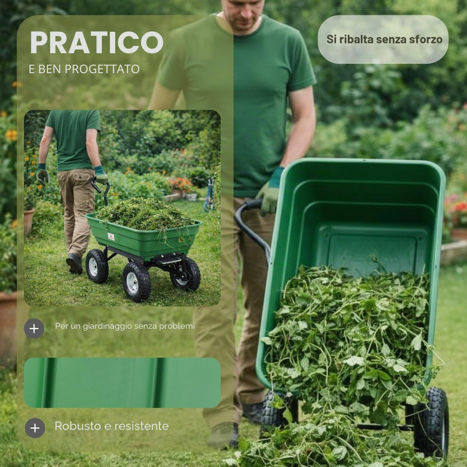 GARDEBRUK® Carrello da Giardino Max. 300kg Cassone Ribaltabile Funzione Inclinazione Cariola Giardinaggio
