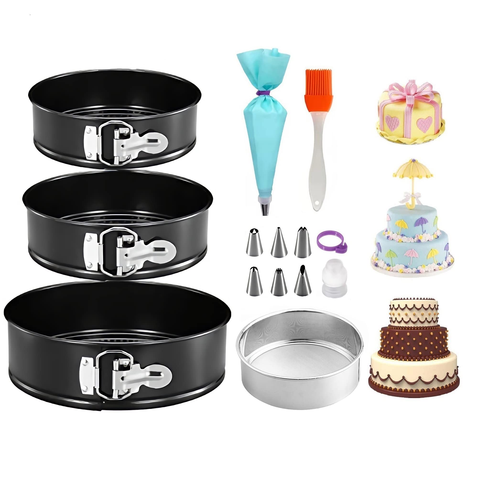 Cake Tins 7/8/9 Inch &1 Pcs Flour Sieve,Piping Bags and Nozzles Set 9 Pcs ,1 Pcs Oil Brush, 6 Pcs Cupcake in Random Shape and Colours, Springform Trays Cheesecake Pan with Removable Bottom