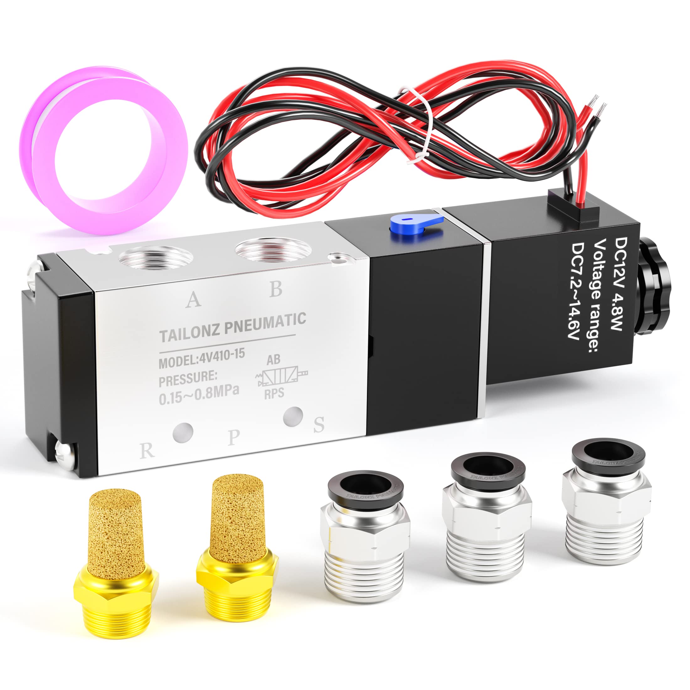 TAILONZ PNEUMATIC 1/2"NPT Solenoid Valve 4V410-15 12V/24V/110V/220V Single Coil Pilot-Operated Electric 2 Position 5 Way Connection Type Outlet wire