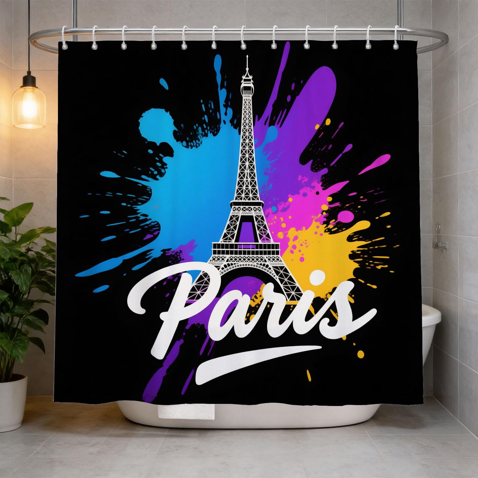 Hongduo 3D Eiffel Tower Shower Curtain for Stalls Bathtubs Cartoon Bathroom Decor Shower Curtain Set Polyester Fabric Waterproof 200x200cm/79X79 Inch with Hooks