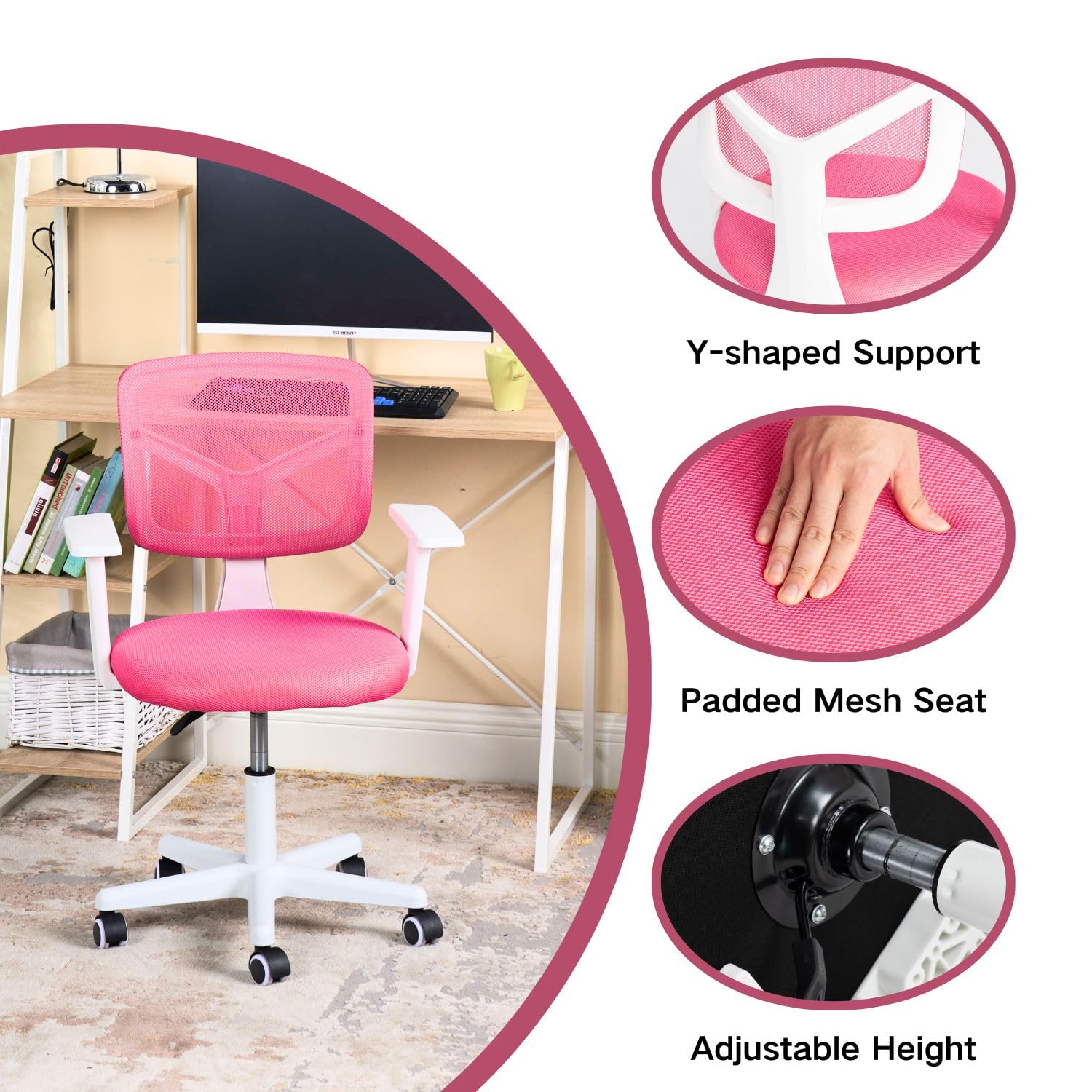 FurnitureR Chaise de Bureau pour Enfants, Chaise D'ordinateur pour Jeunes/Adolescents avec Maille Respirante, Pivotante Seat D'étude Réglable en Hauteur avec Accoudoirs, Rose 50 x 53 x 87cm