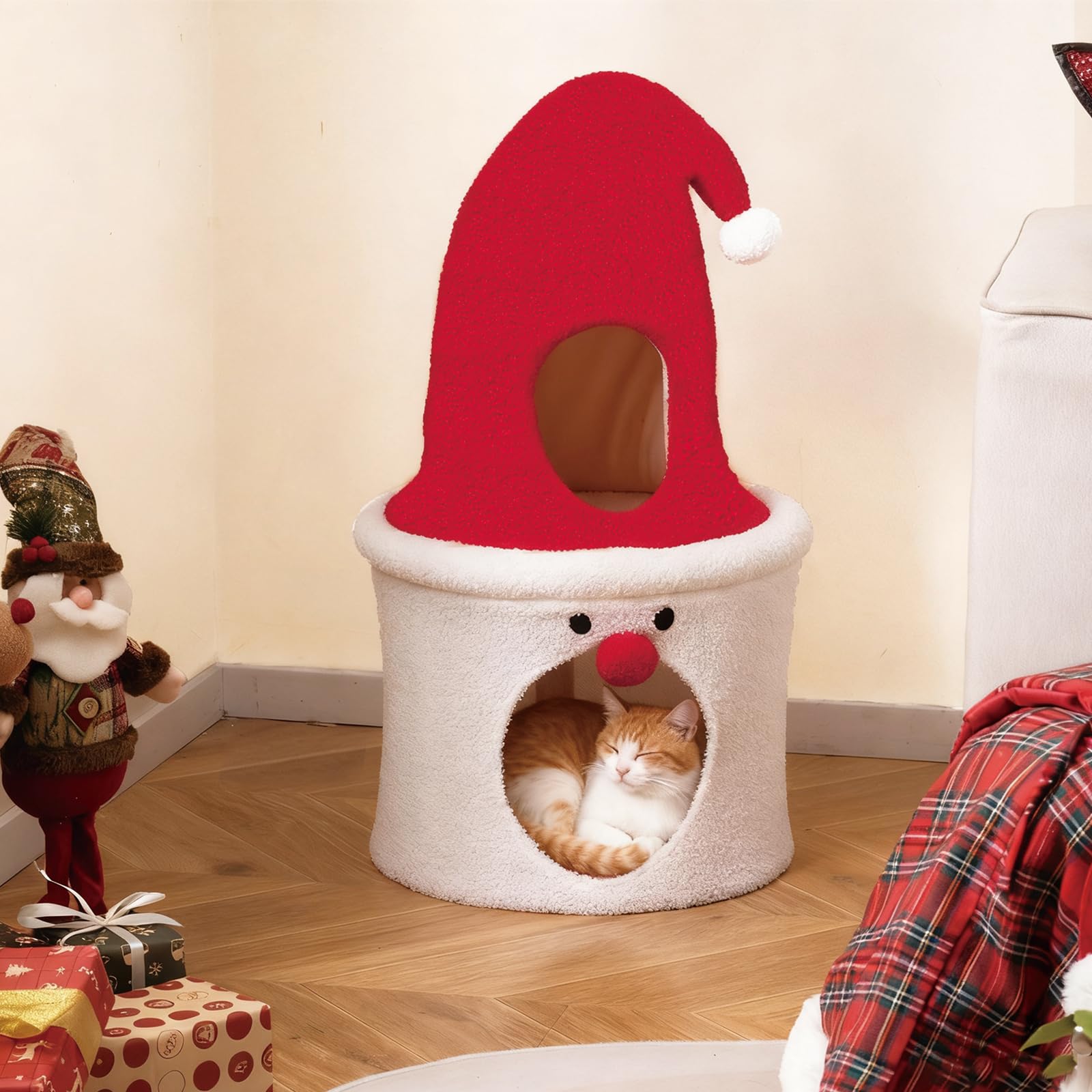 COSTWAY Árbol de Navidad para Gatos, 75 CM Torre para Gatos en Forma de Papa Noel con Percha Superior Acolchada, Condominio, Suave Cojín de Felpa, Casa Gato de Interior para Decoración Navideña