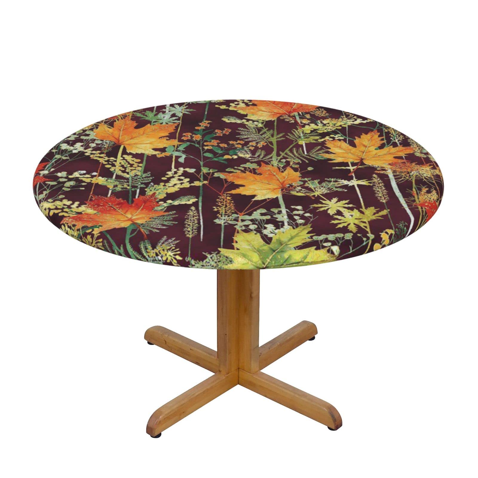 Lsjuee Round Fitted Tablecloth 45-50in Elastic Edged Table Cloth for Kitchen Dining Party Home Decor - Mulberry Leaf Yellow Red