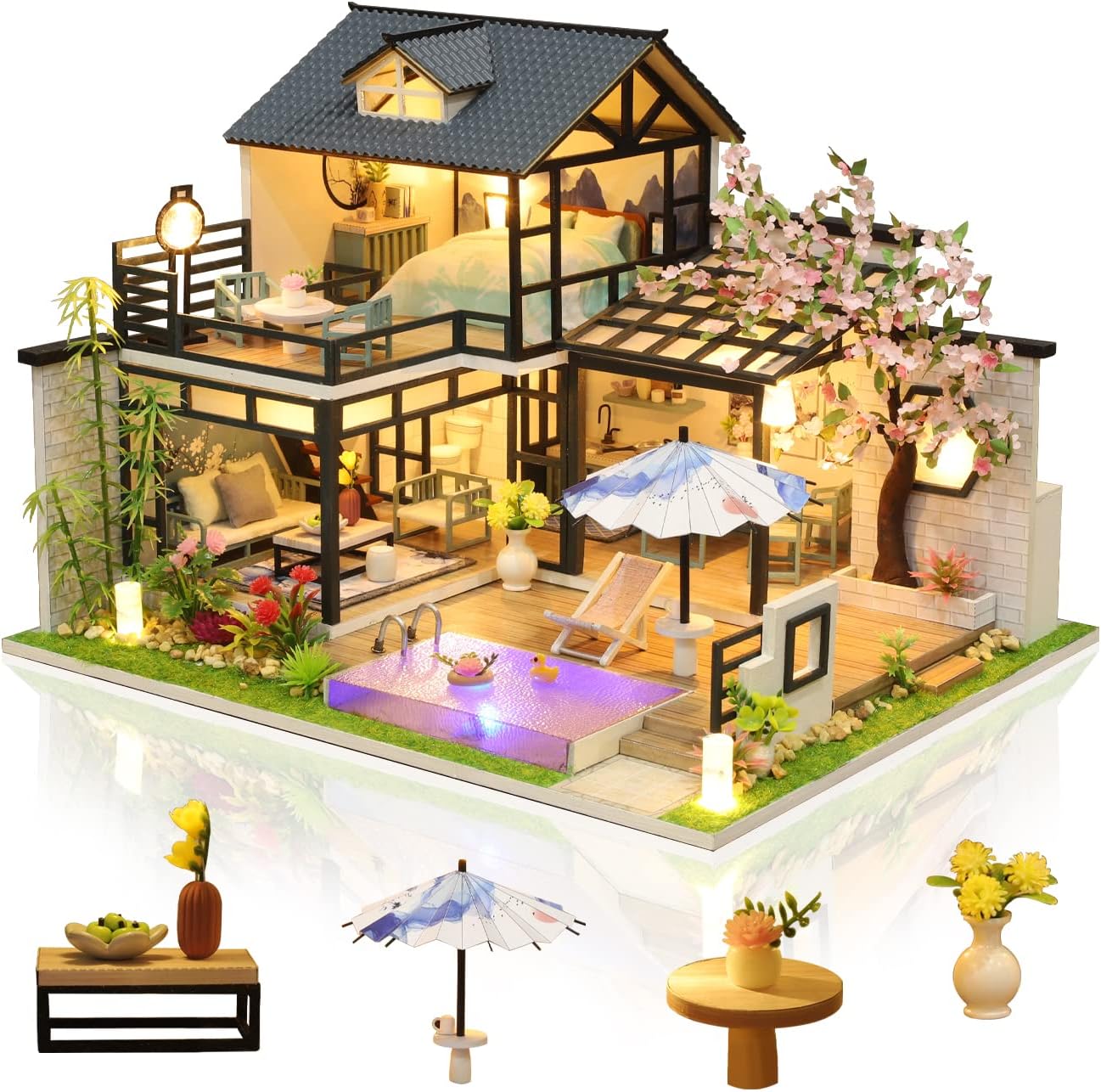 GuDoQi DIY Miniature Dollhouse Kit, Tiny House kit with Music, Miniature House Kit 1:24 Scale, Great Handmade Crafts Gift for Birthday Christmas Day, Vintage Courtyard
