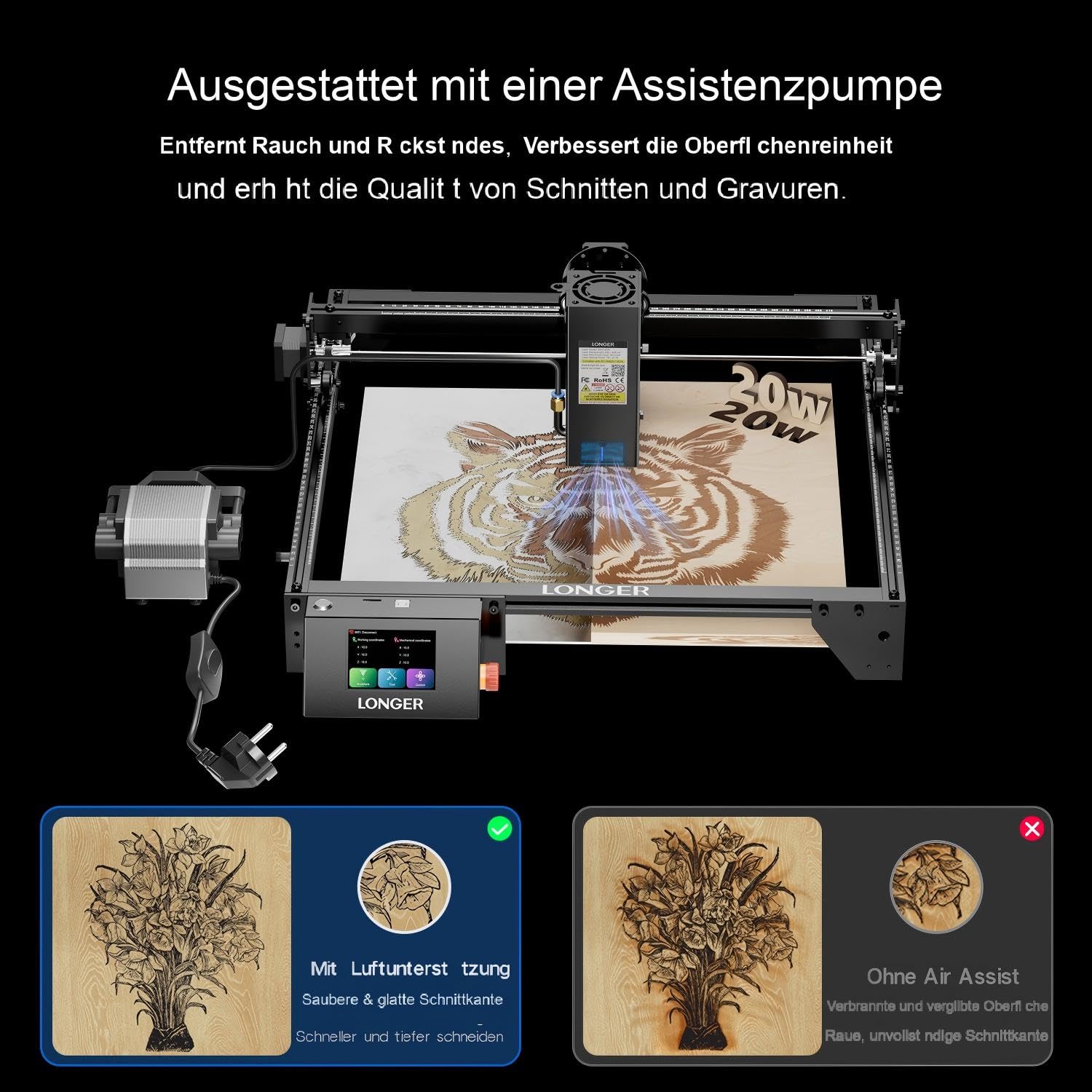 LONGER Ray5 Lasergravurmaschine Set, mit Air Assist Stützfüßen & Klemme, für Holz, Metall & Glas DIY CNC Gravur, 20W, 400 × 365 mm Arbeitsbereich