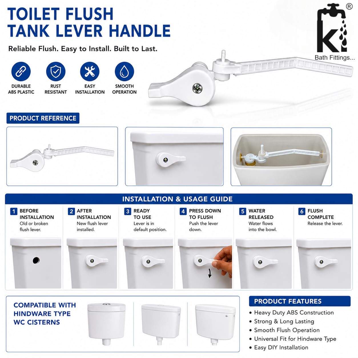 Ki Plastic Flush Tank Lever Handle (Hindustan Type) - White (Pack of 1)