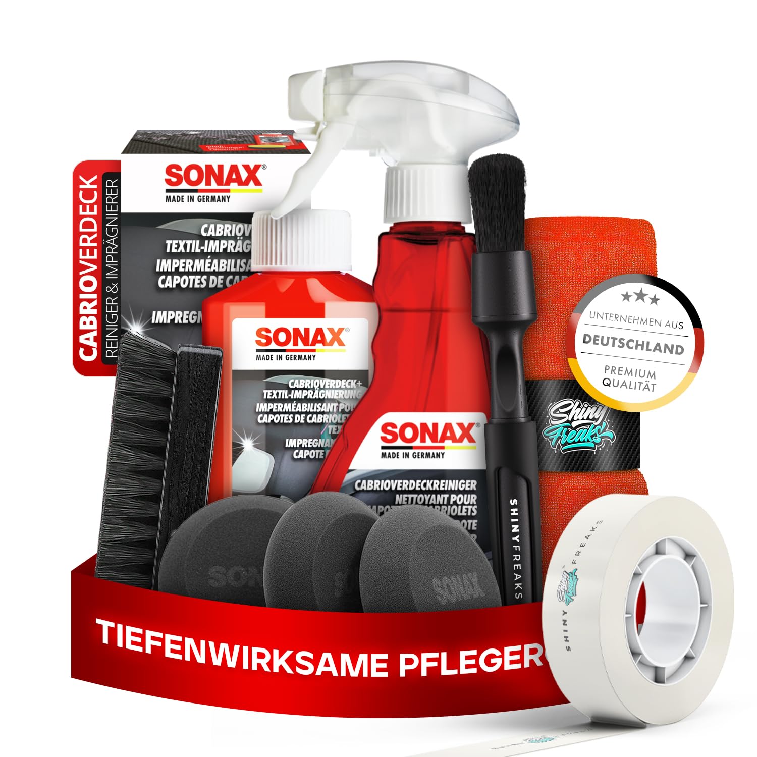 SONAX CabrioverdeckReiniger + Cabrioverdeck Textil-Imprägnierung I Premium Cabrio-Reinigungs-& Imprägnierspray für alle Verdeckarten I Für eine intensive Reinigung & schonende Pflege I 9-teiliges Set