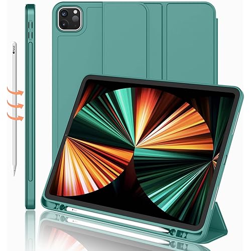 New iPad Pro 12.9 Case 2022(6th Gen)/2021(5th Gen) with Pencil Holder [Support iPad 2nd Pencil Charging/Pair],Trifold Stand Smart Case with Soft TPU Back,Auto Wake/Sleep(Forest Green)