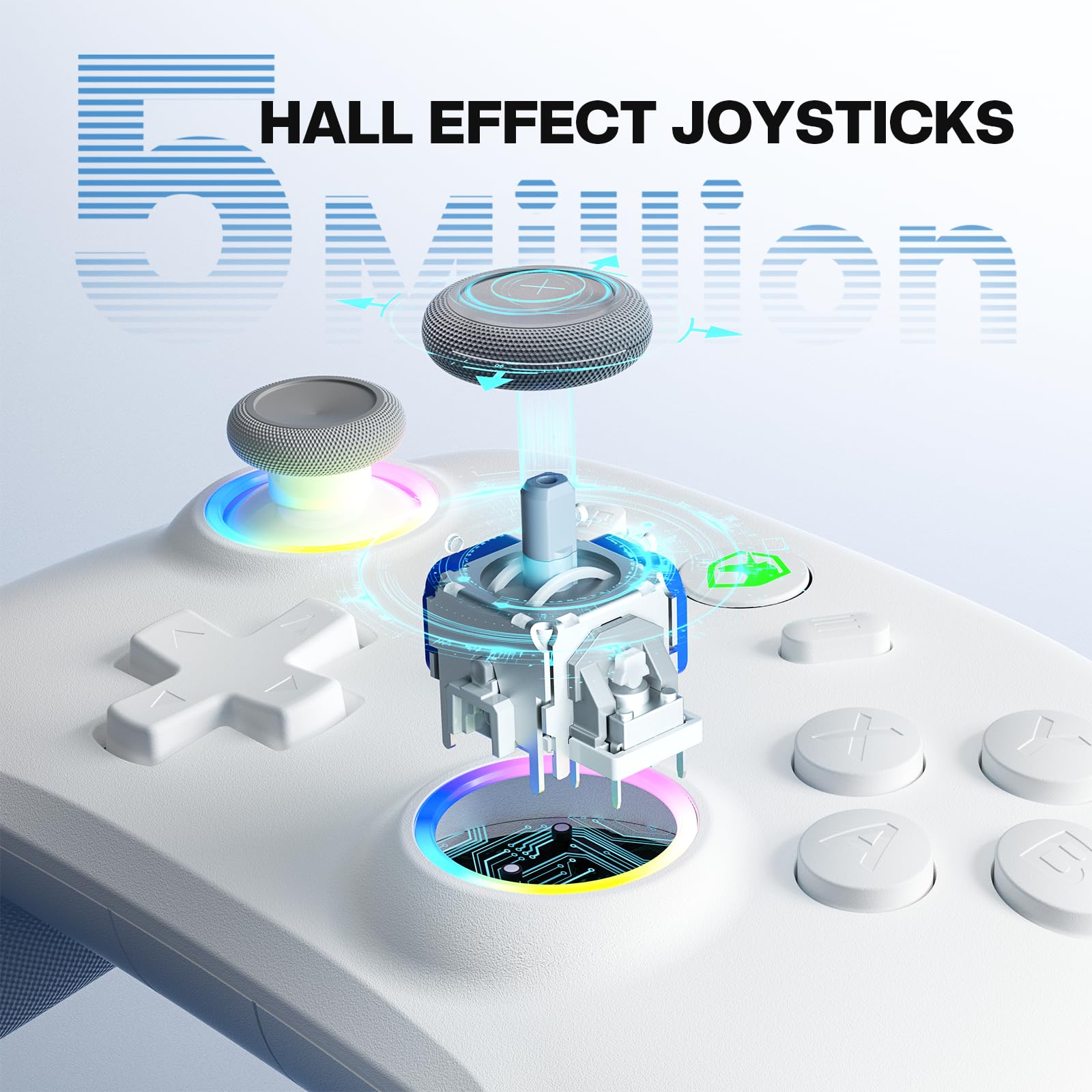 ECHTPower Controlador inalámbrico para juegos de PC, palanca de mando con efecto Hall, 2.4 G y tasa de sondeo de 1000 Hz con cable, batería de 800 mAh, turbo ajustable/vibración, para PC/Switch/iOS
