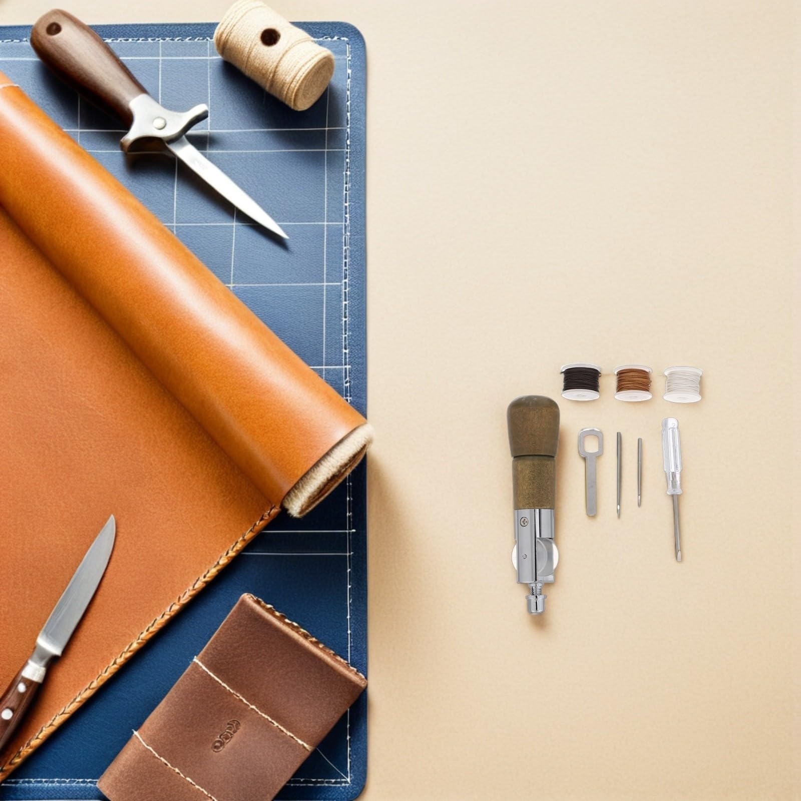 Healeved Kit Punteruolo per Cucire in Pelle con Manico in Legno e Filo Cerato, Utensile Professionale per Riparazioni e Artigianato, per Studi e Uso Domestico