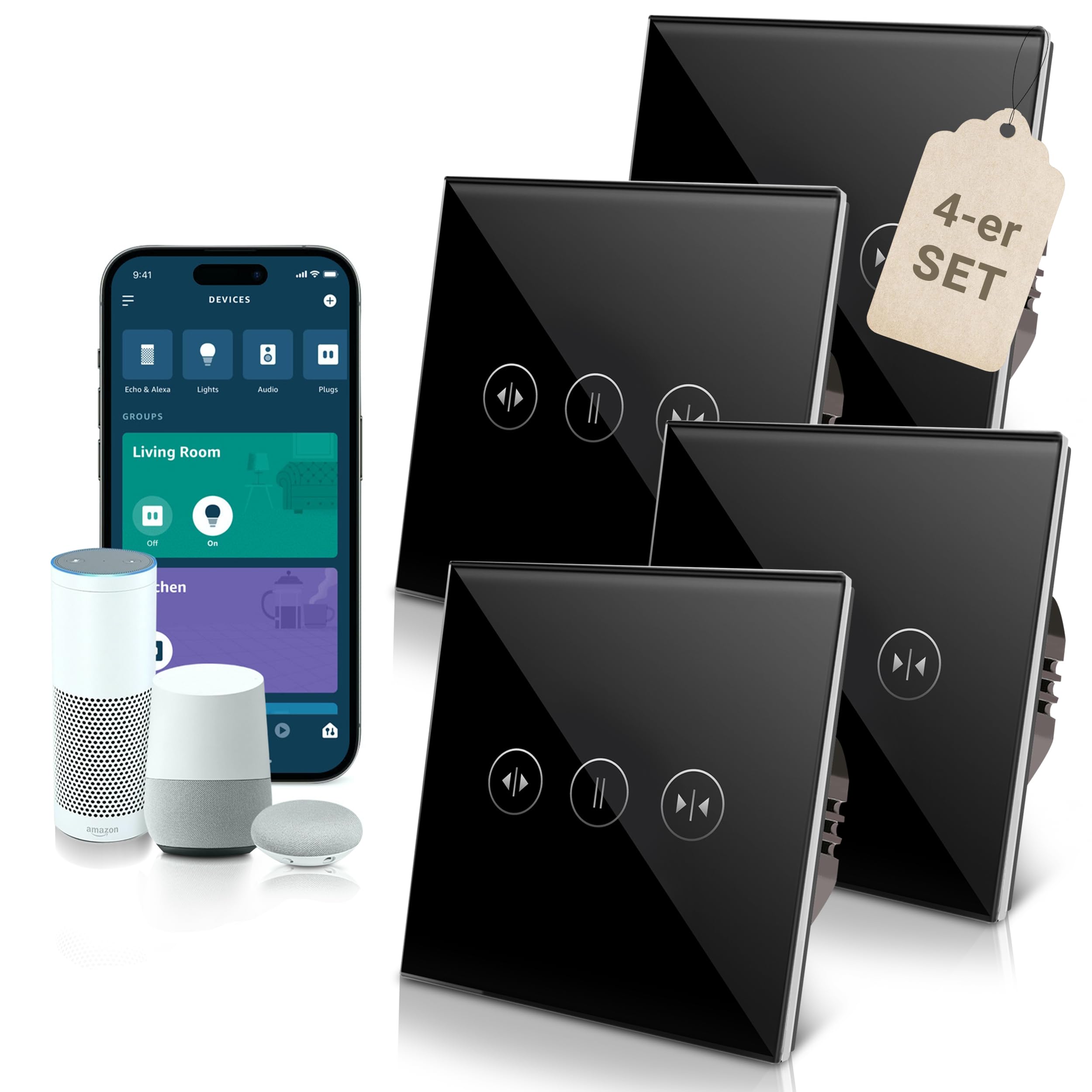 PULSAR Set di 4 interruttori per tapparelle Wi-Fi, da incasso, 1 via, nero, con cornice in vetro, funzione timer e compatibile con Alexa e Google Home