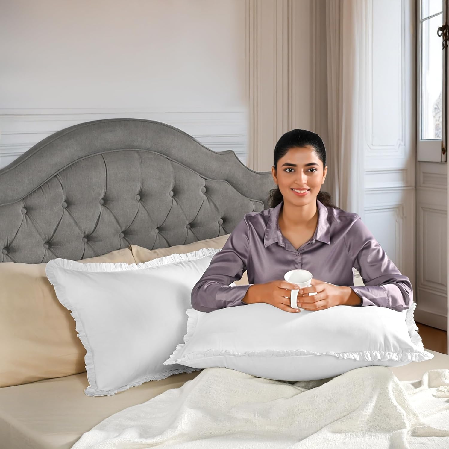 White Cotton Ruffle Pillow Protectors Throw Sham Covers with Hidden Zipper 20x26 Set of 2 Soft Pillowcases for Bed, Sofa, Couch, Living Room, Farmhouse, Gift, Spring, Mother's Day