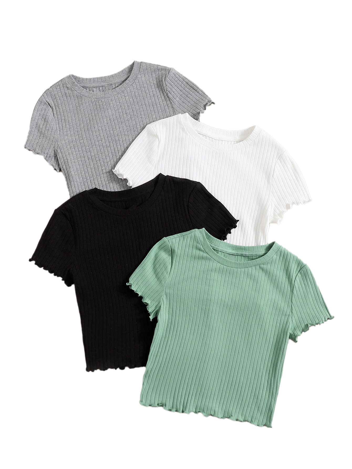 MakeMeChicWomen's 4 Pack Short Sleeve Lettuce Trim Ribbed Knit Tees Crop Tops