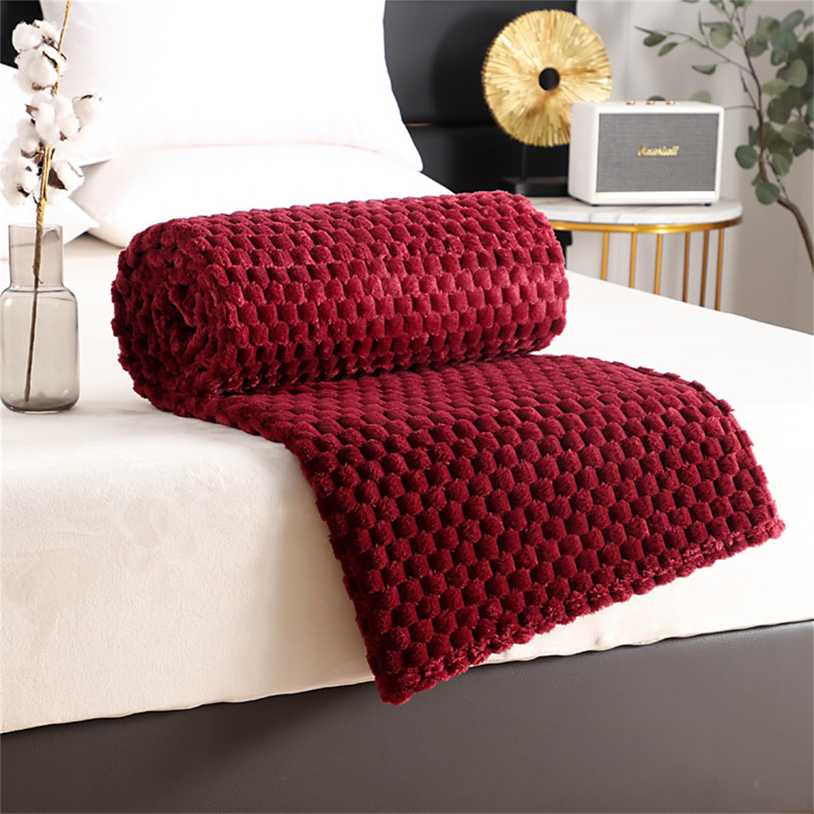 Highdi Winter Blankets and Throws for Sofa Beds, Soft Warm Sofa Throw Fluffy Cozy Bed Throws Fleece Throw Blanket for Kids Adults Bedroom Couch Travel-Plaid (70X100cm,Burgundy)