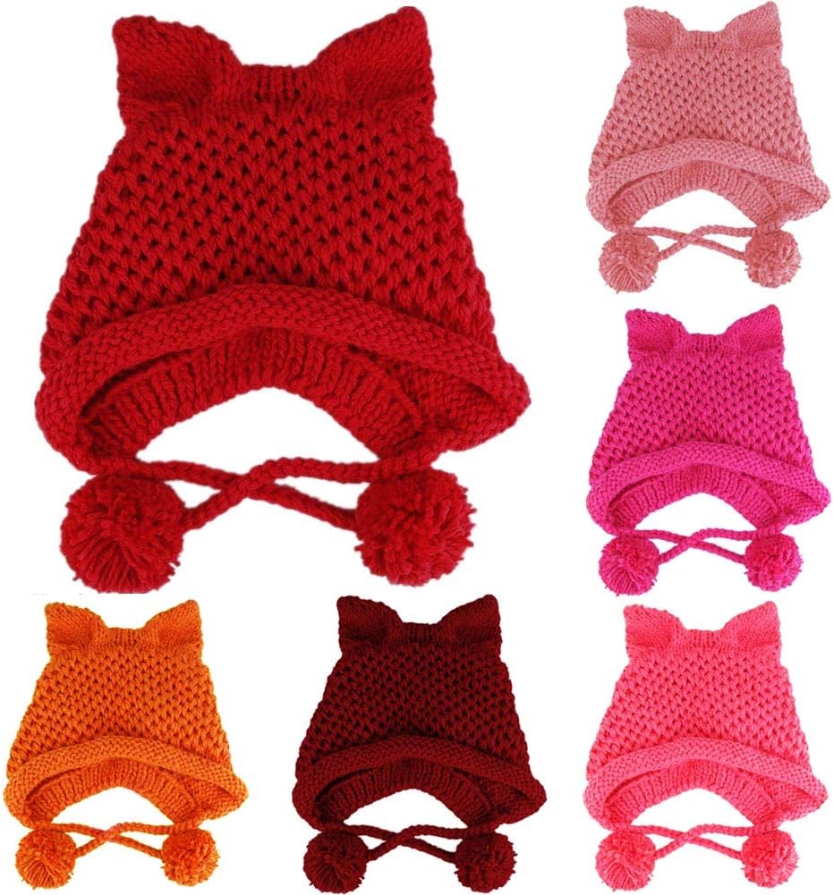 BIBITIME 6 PCS Handmade Knitted Ears Beanie Pussycat Hat Women March Rights Caps (Red,Pink,Rose,Watermelon Red,Wine Red,Orange, Fit Average Adult)