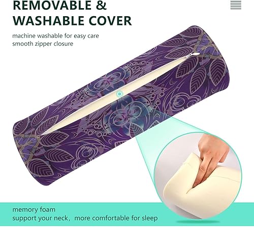 Miniatura 4 de Kigai Almohada cervical de espuma viscoelástica para aliviar el dolor para dormir, mandala floral morado, almohada redonda con funda extraíble